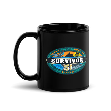 Side view of the glossy Survivor Season 51 logo mug showing the sturdy C-shaped handle.