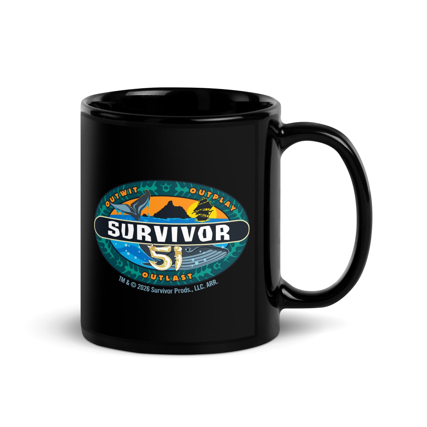White ceramic mug featuring the official Survivor Season 51 logo in vibrant colors.