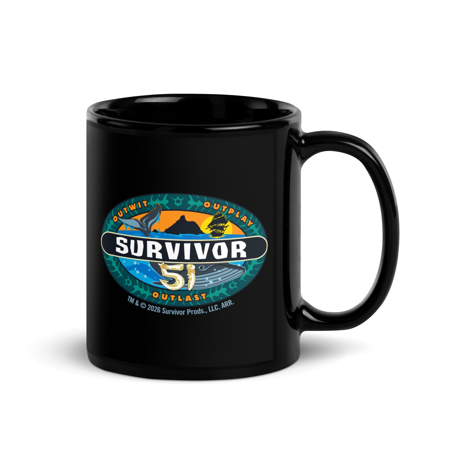 White ceramic mug featuring the official Survivor Season 51 logo in vibrant colors.