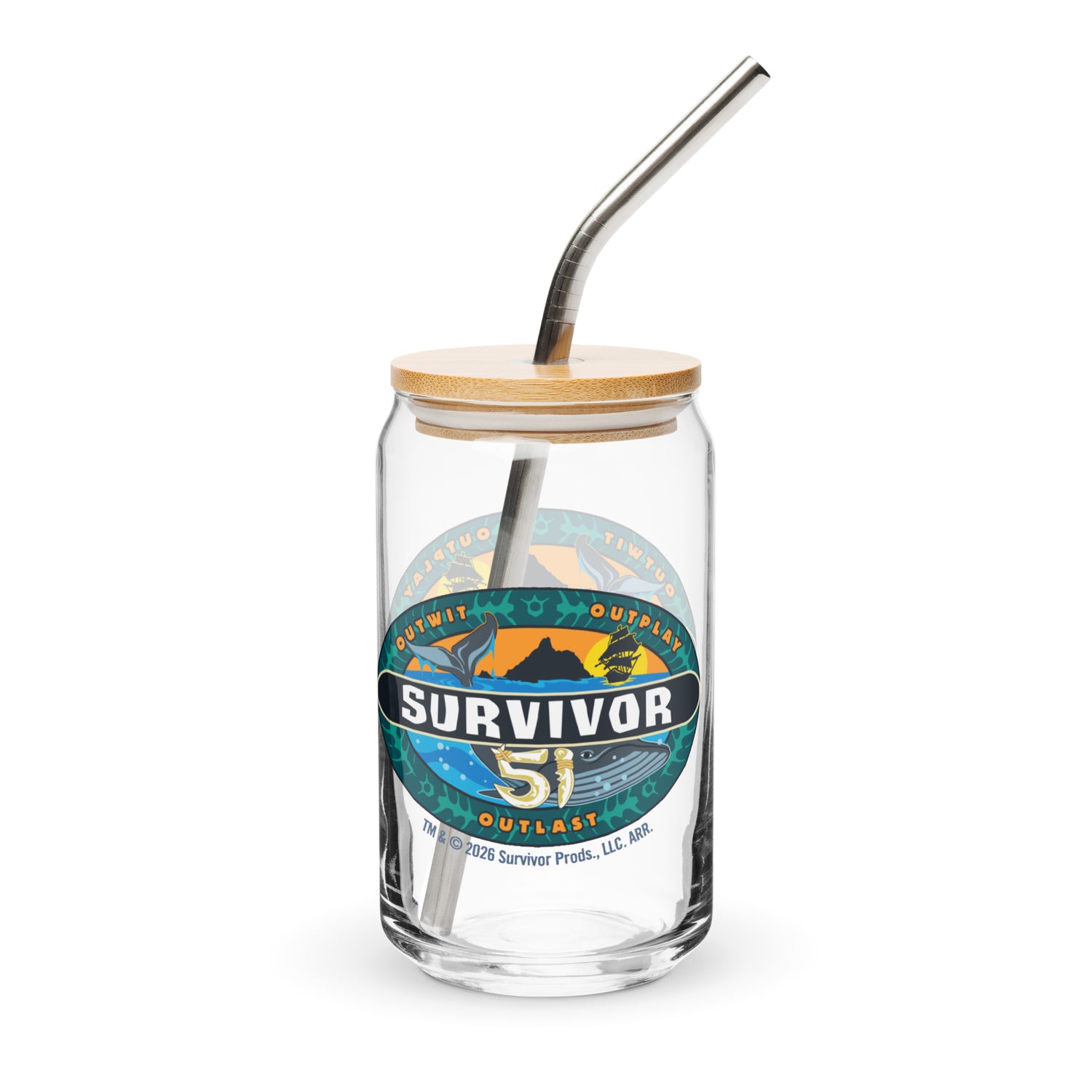 Close up of the high-quality Survivor Season 51 logo printed on a 16 oz. glass.