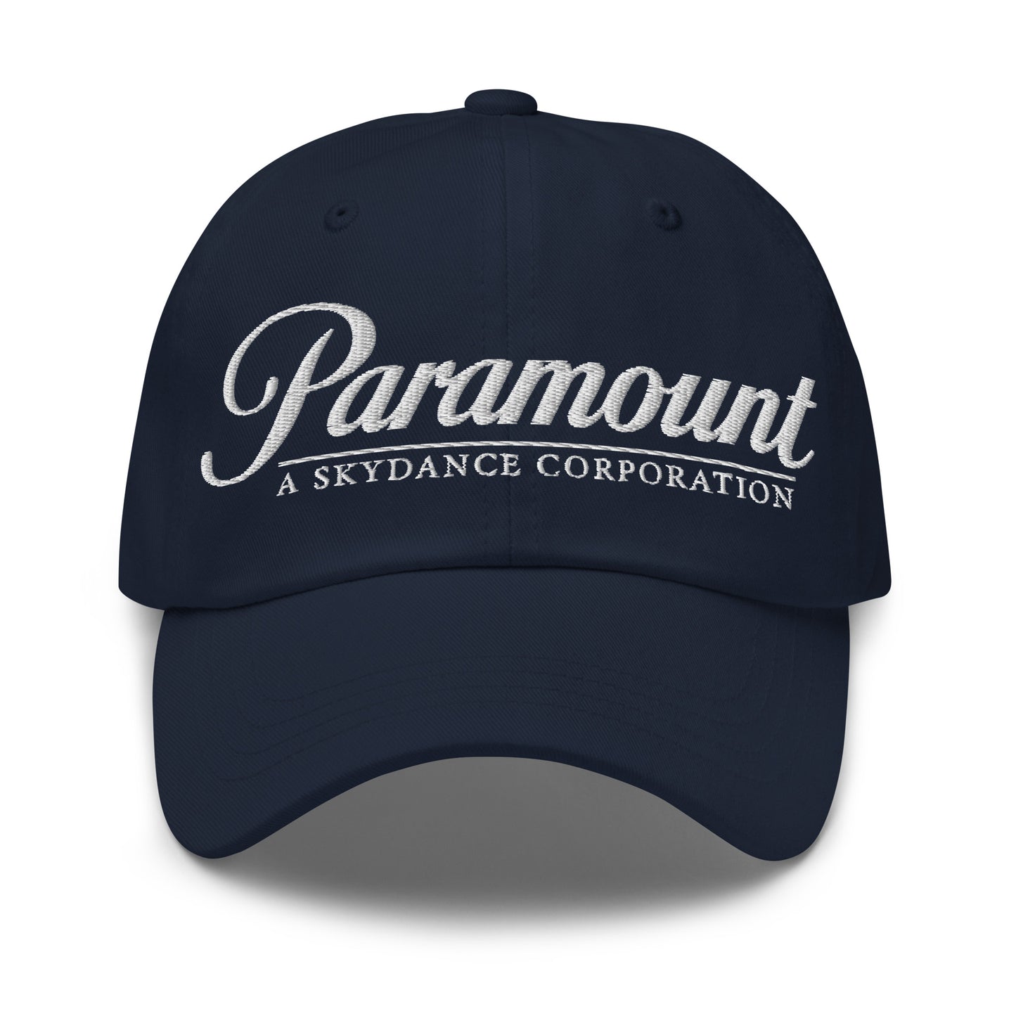 Front view of the Paramount logo embroidered on a classic dad hat.