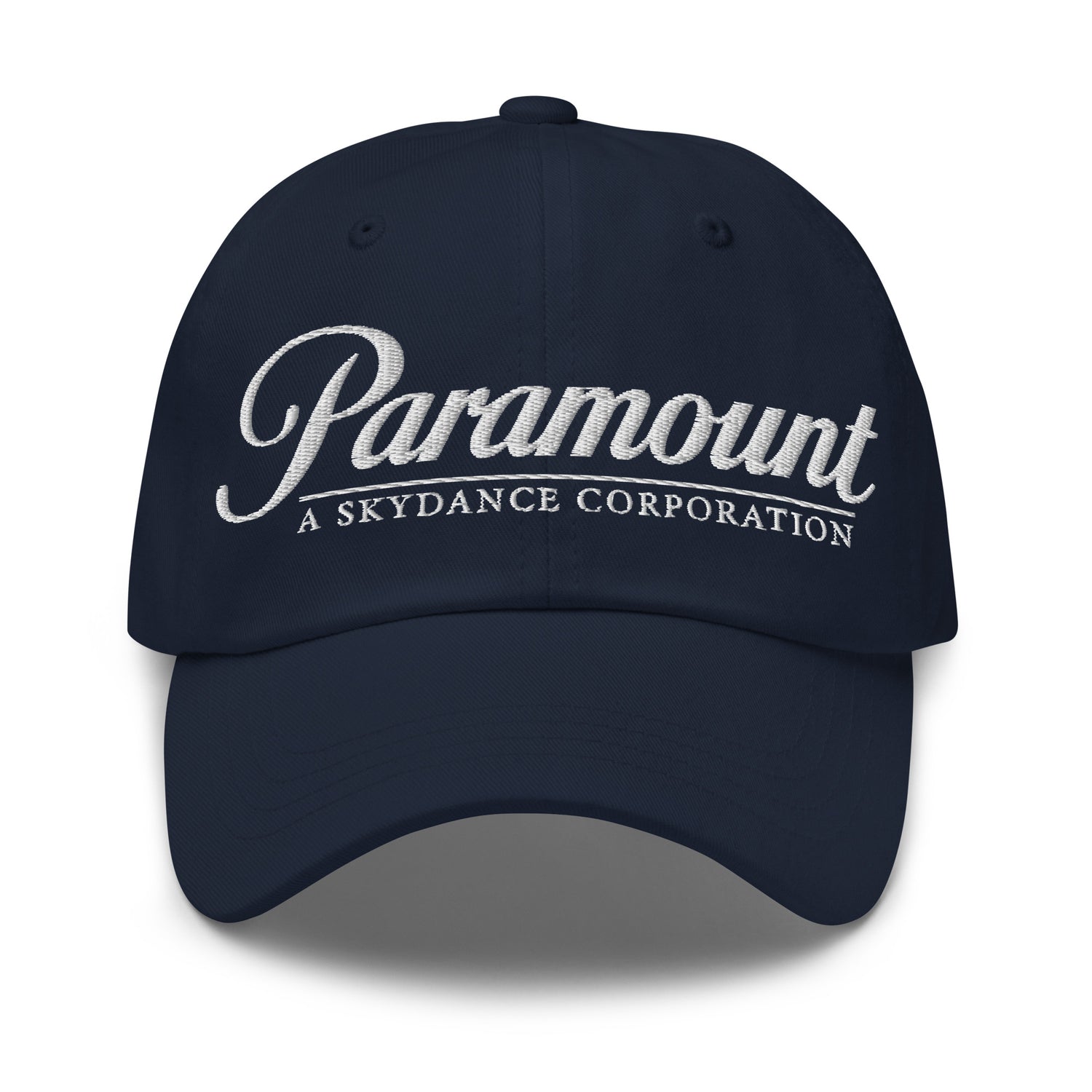 Front view of the Paramount logo embroidered on a classic dad hat.
