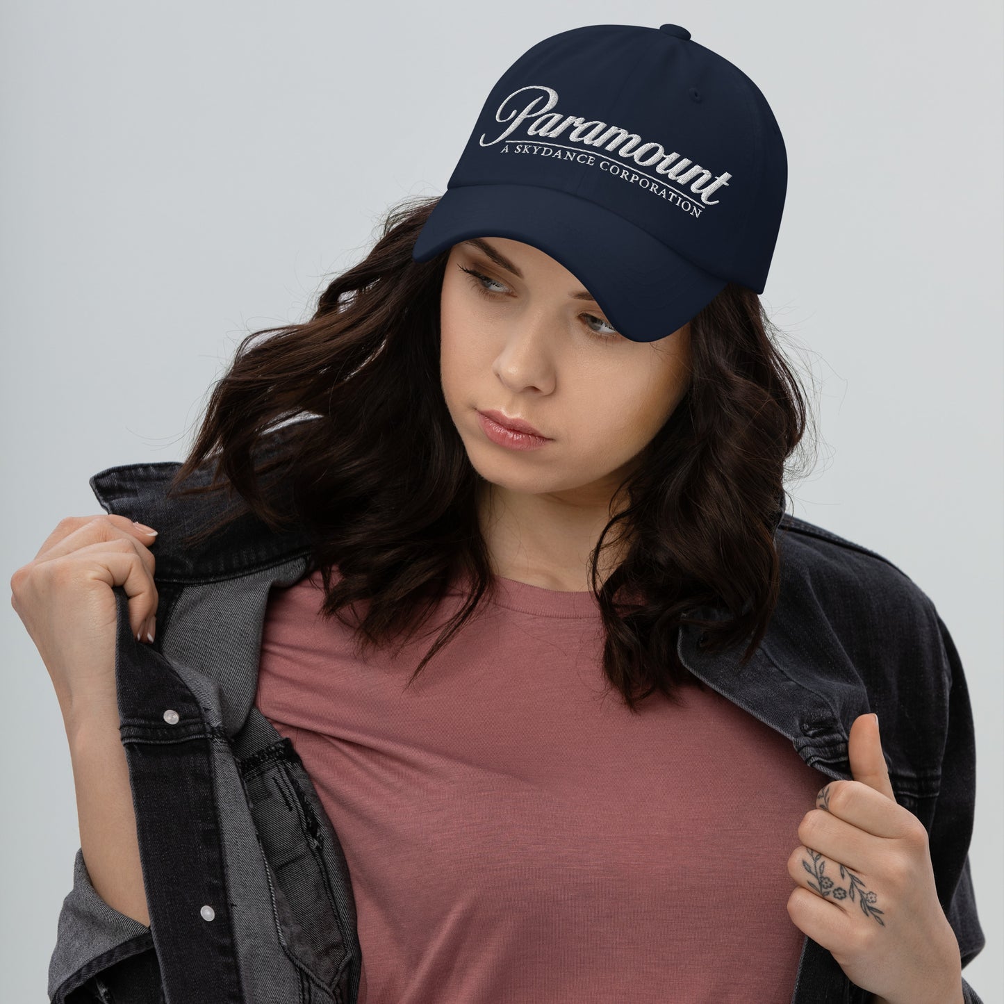 Close-up of the detailed embroidery on the Paramount hat logo.