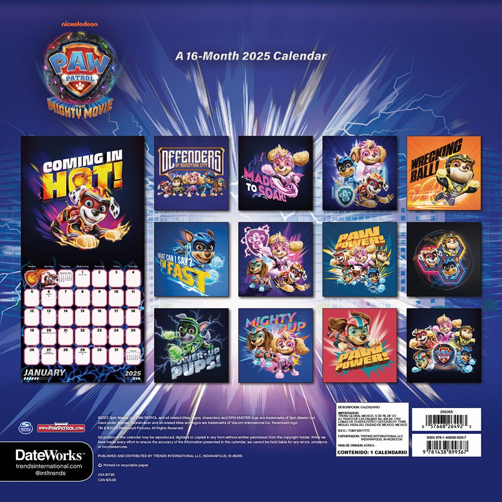 Paw Patrol The Mighty Movie 2025 Calendario de pared de 16 meses Paw Patrol Advent Calendar 2025