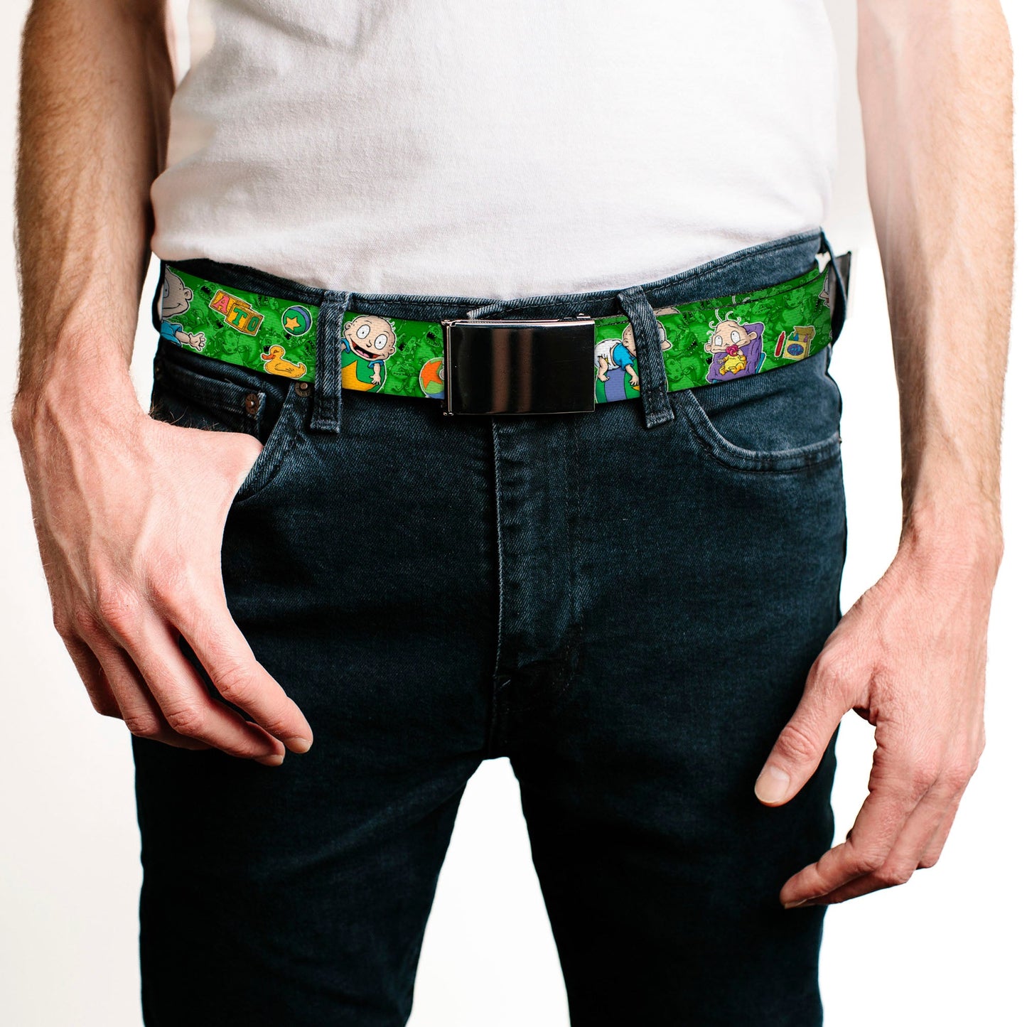 Rugrats Tommy & Dil Poses Chrome Buckle Green Web Belt - Paramount Shop