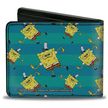 SpongeBob Bi - Fold Wallet Dancing Pose Scattered Stripe Vegan Leather Teal Blues - Paramount Shop