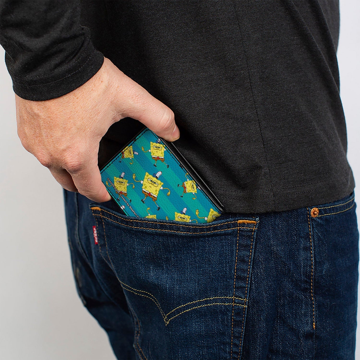 SpongeBob Bi - Fold Wallet Dancing Pose Scattered Stripe Vegan Leather Teal Blues - Paramount Shop