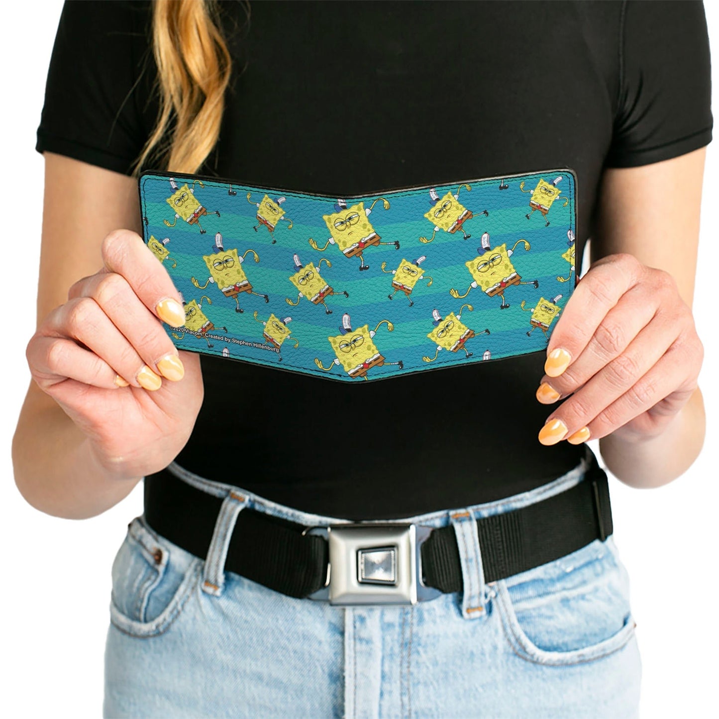 SpongeBob Bi - Fold Wallet Dancing Pose Scattered Stripe Vegan Leather Teal Blues - Paramount Shop