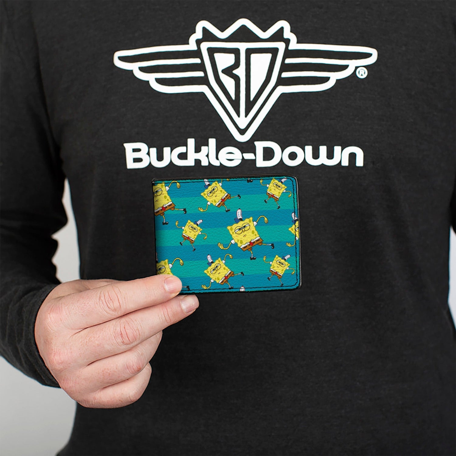 SpongeBob Bi - Fold Wallet Dancing Pose Scattered Stripe Vegan Leather Teal Blues - Paramount Shop