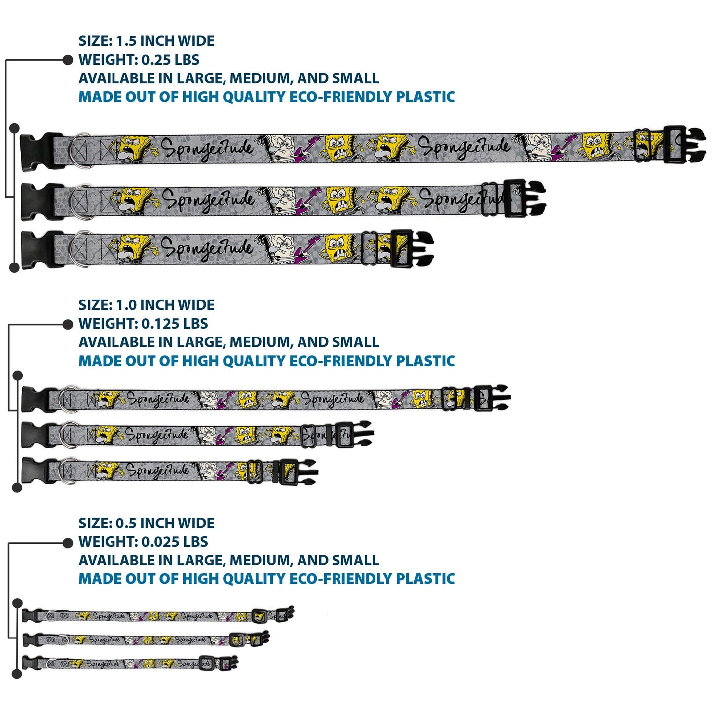 SpongeBob Dog Collar 3 - Poses SPONGEITUDE Plastic Clip Adjustable Grays/Black - Paramount Shop