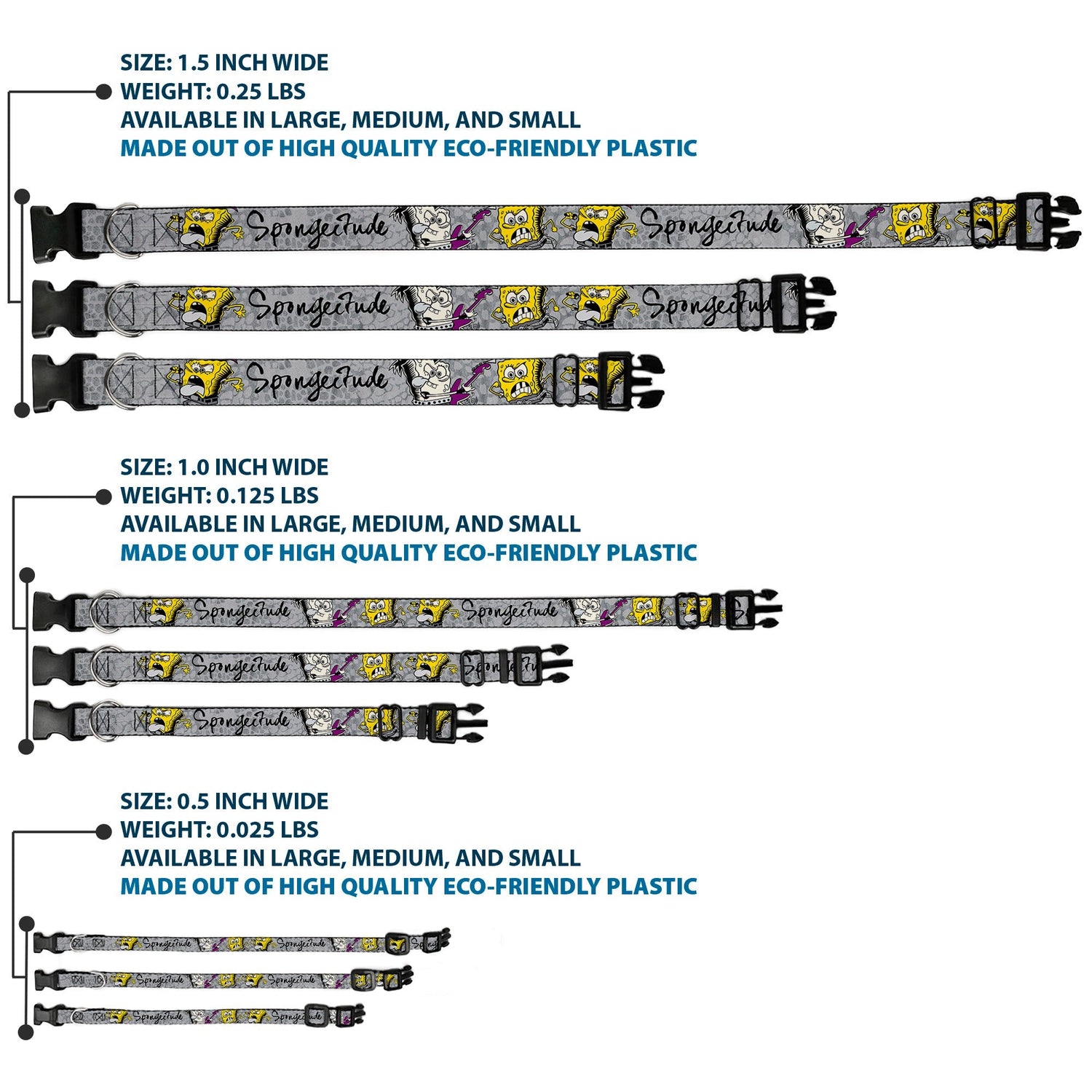 SpongeBob Dog Collar 3 - Poses SPONGEITUDE Plastic Clip Adjustable Grays/Black - Paramount Shop