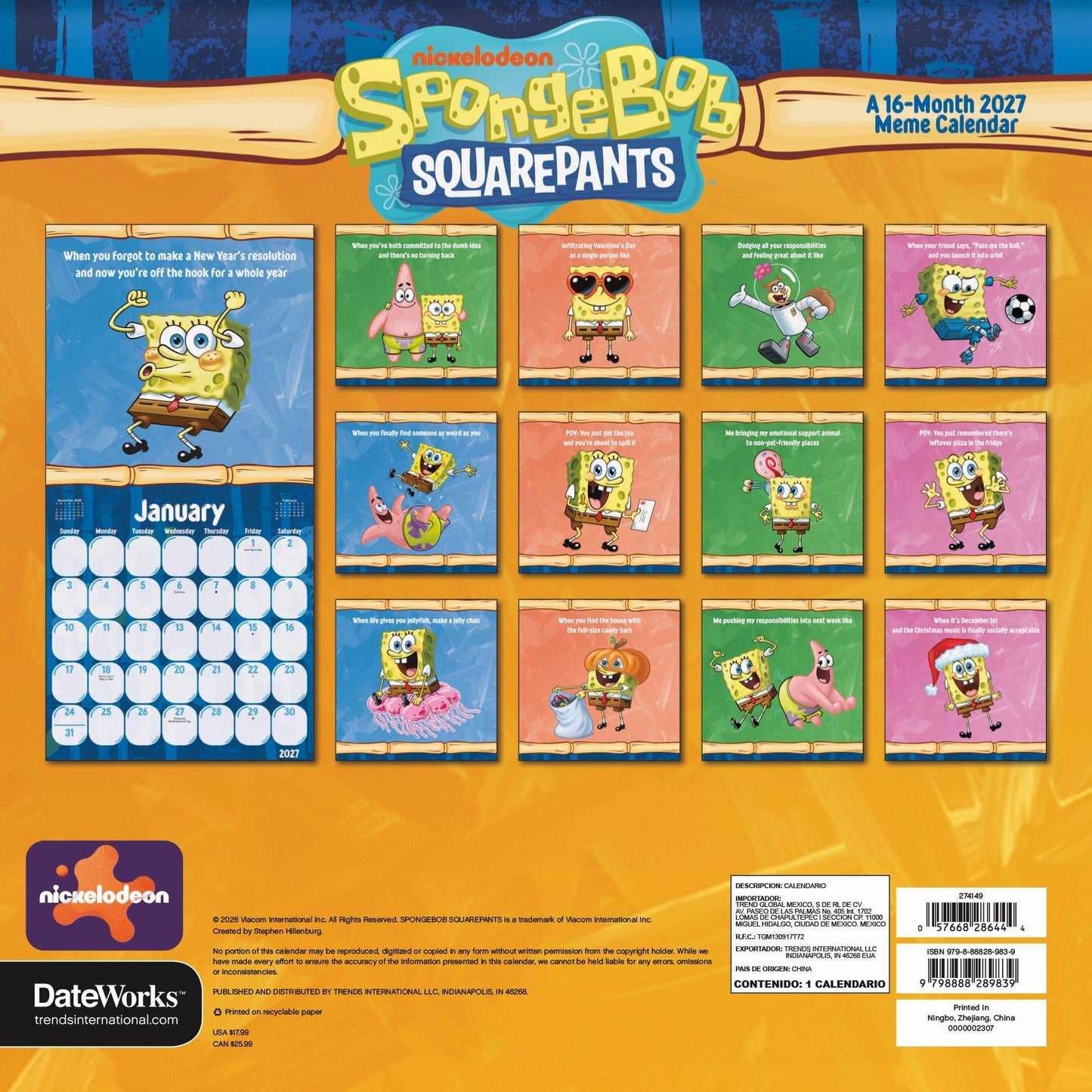 Spongebob Squarepants 2027 Wall Calendar - Paramount Shop