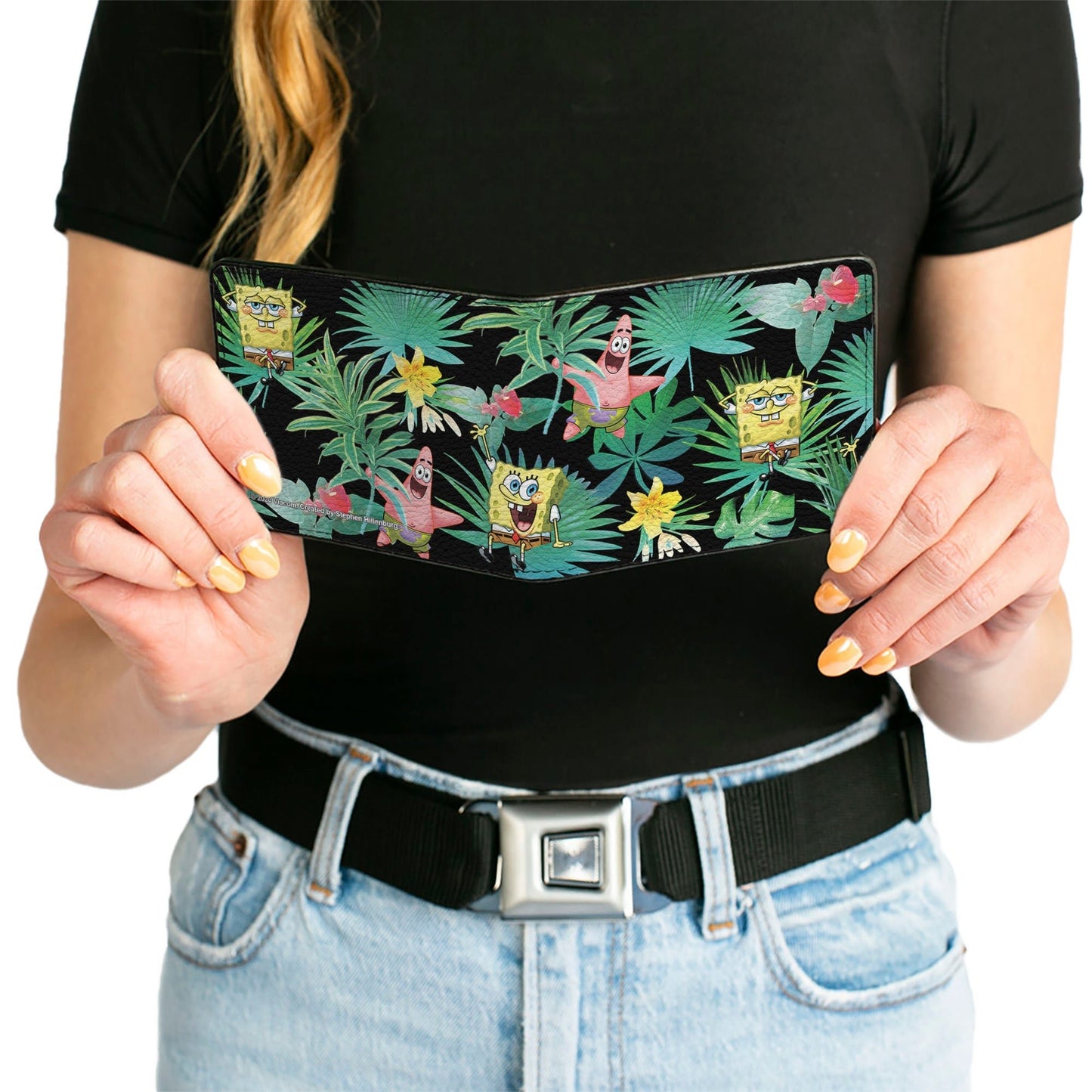 SpongeBob Squarepants and Patrick Starfish Bi - Fold Wallet Tropical Fauna Collage Vegan Leather Black - Paramount Shop
