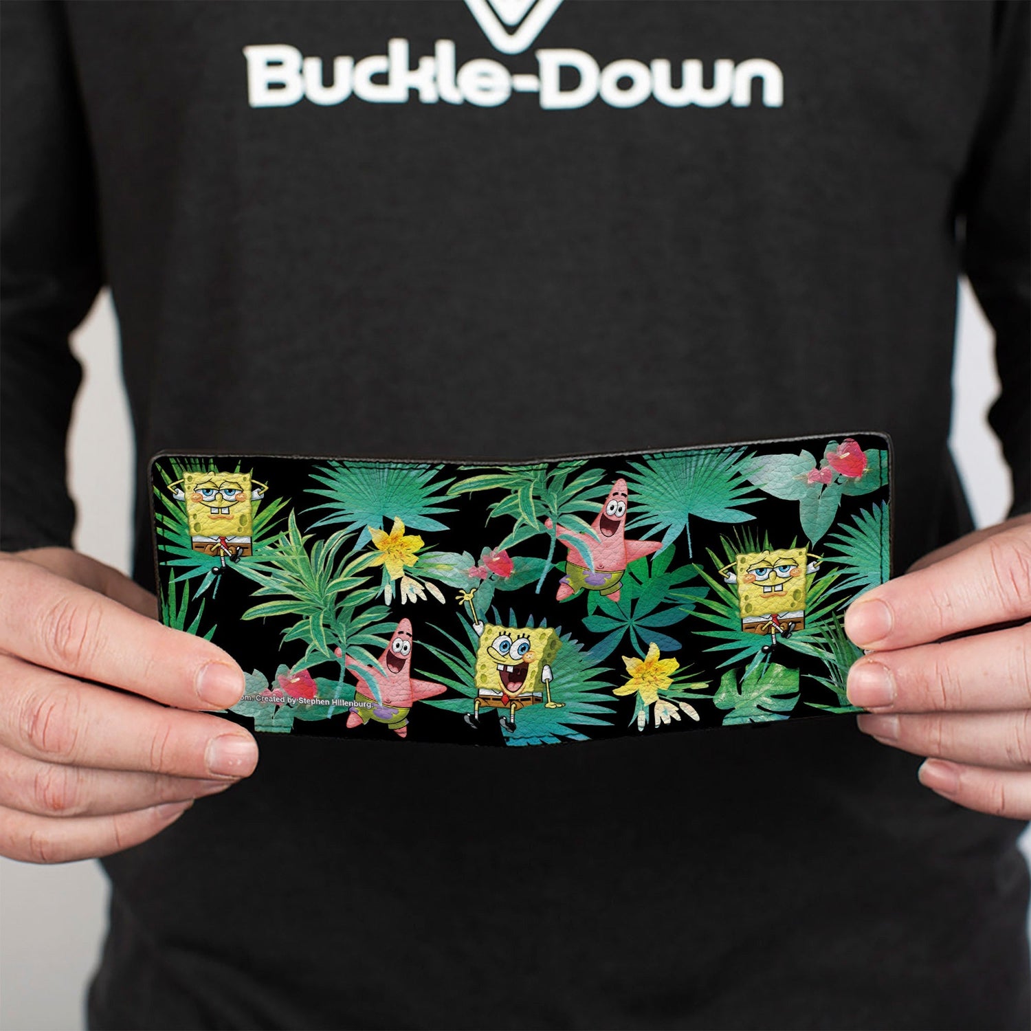 SpongeBob Squarepants and Patrick Starfish Bi - Fold Wallet Tropical Fauna Collage Vegan Leather Black - Paramount Shop