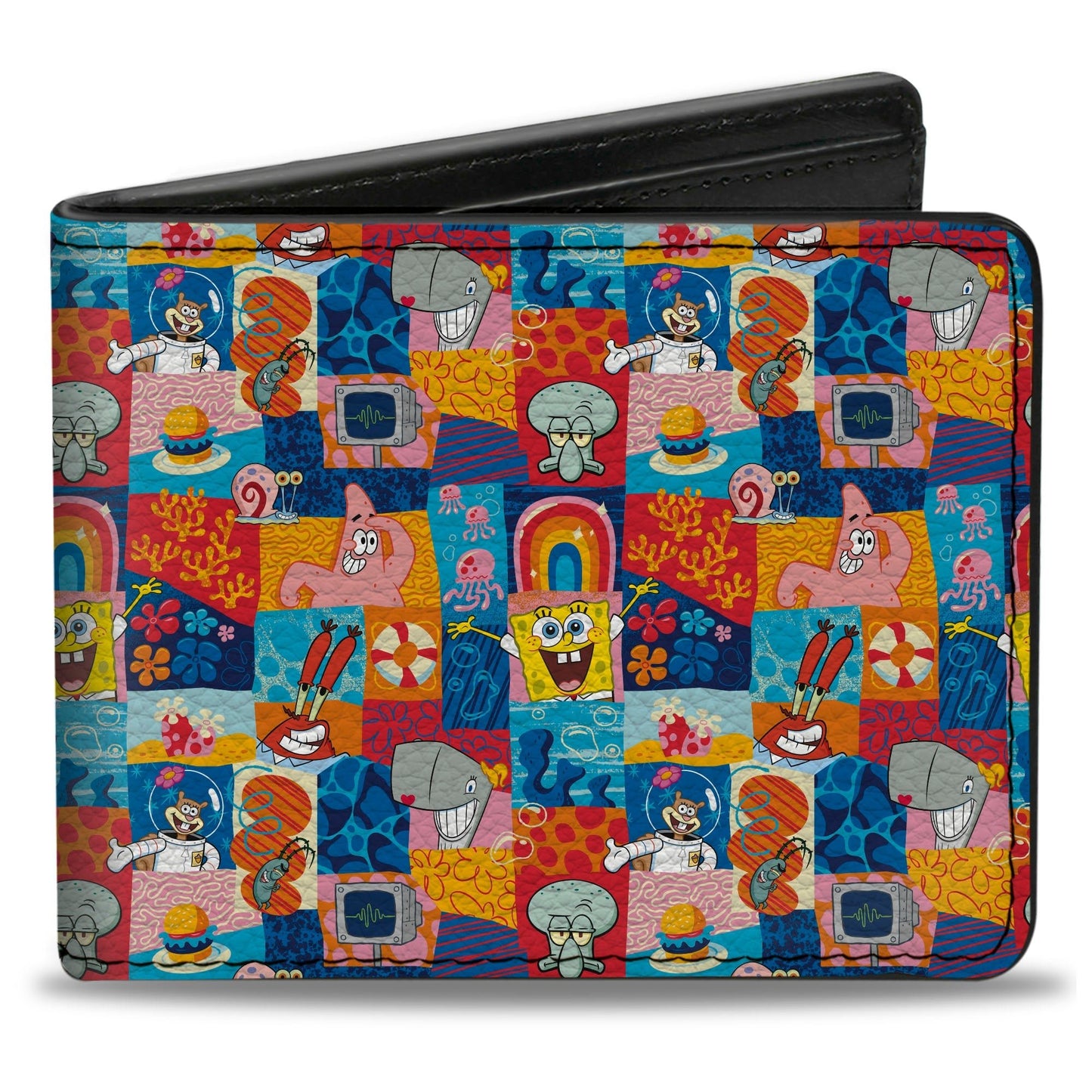 SpongeBob SquarePants Bi - Fold Wallet Friends Icons Blocks Multi Color Vegan Leather - Paramount Shop