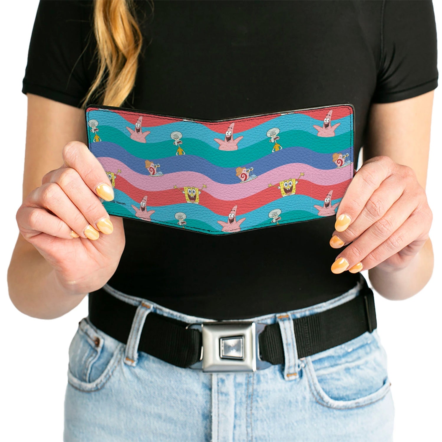 SpongeBob SquarePants Bi - Fold Wallet Friends Poses Wavy Stripe Blue Red - Paramount Shop