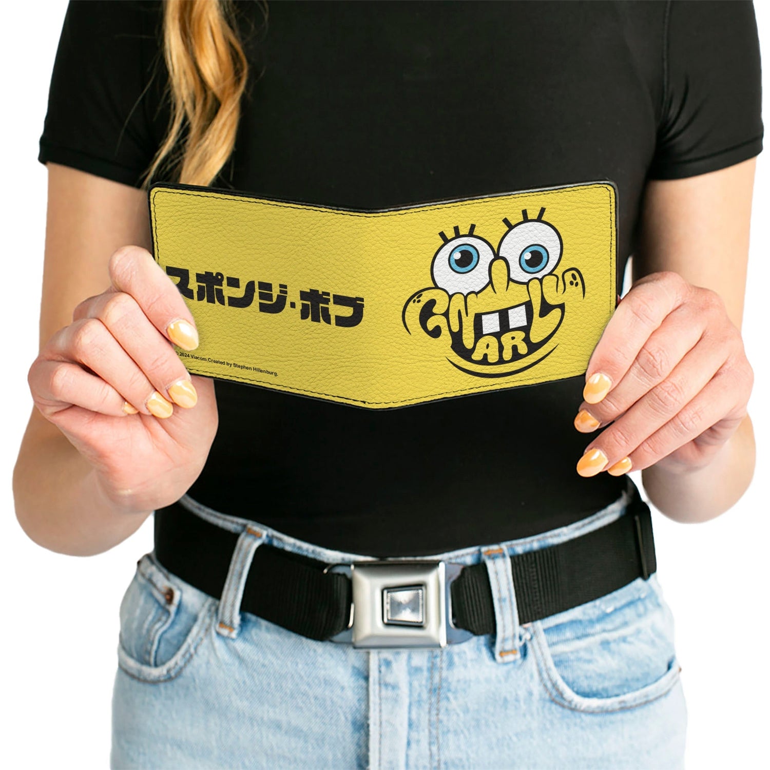 SpongeBob SquarePants Bi - Fold Wallet GNARLY Face and Japanese Text Vegan Leather Yellow/Black - Paramount Shop