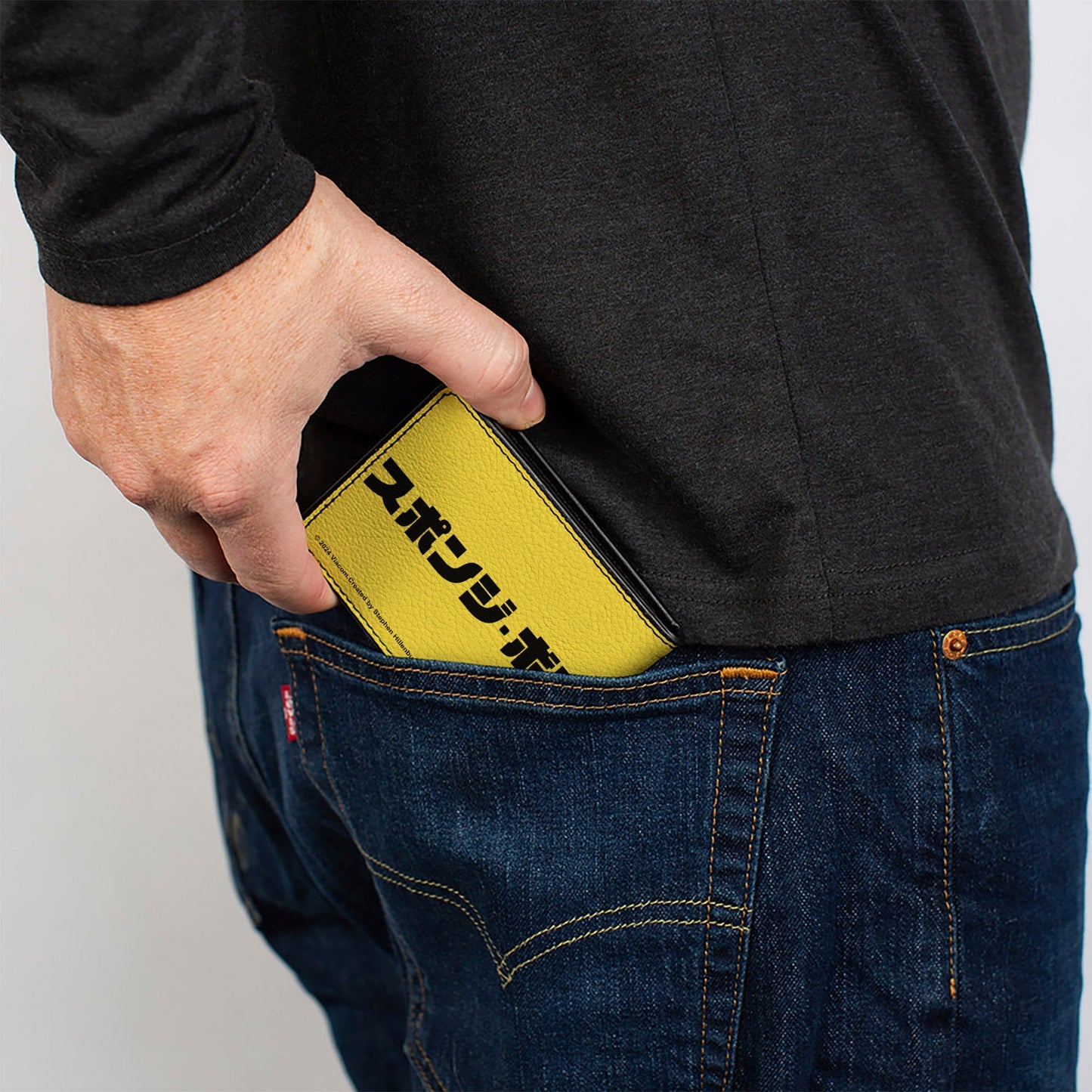 SpongeBob SquarePants Bi - Fold Wallet GNARLY Face and Japanese Text Vegan Leather Yellow/Black - Paramount Shop