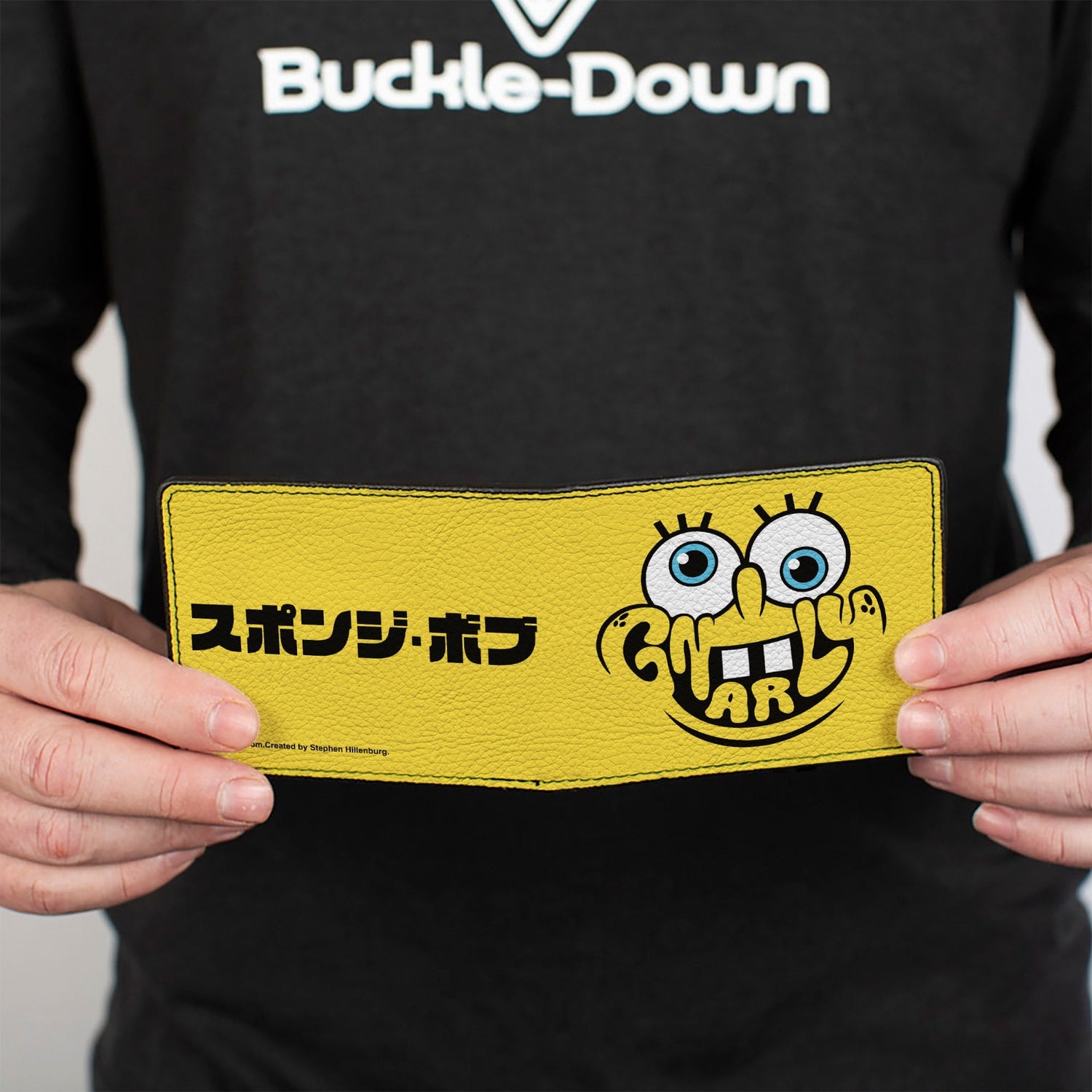 SpongeBob SquarePants Bi - Fold Wallet GNARLY Face and Japanese Text Vegan Leather Yellow/Black - Paramount Shop