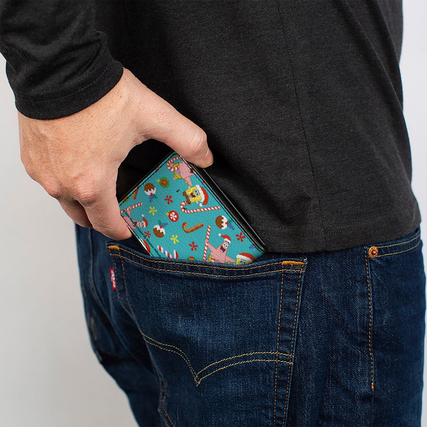 SpongeBob SquarePants Bi - Fold Wallet Holiday Treats Christmas Collage Men's Vegan Leather Turquoise - Paramount Shop