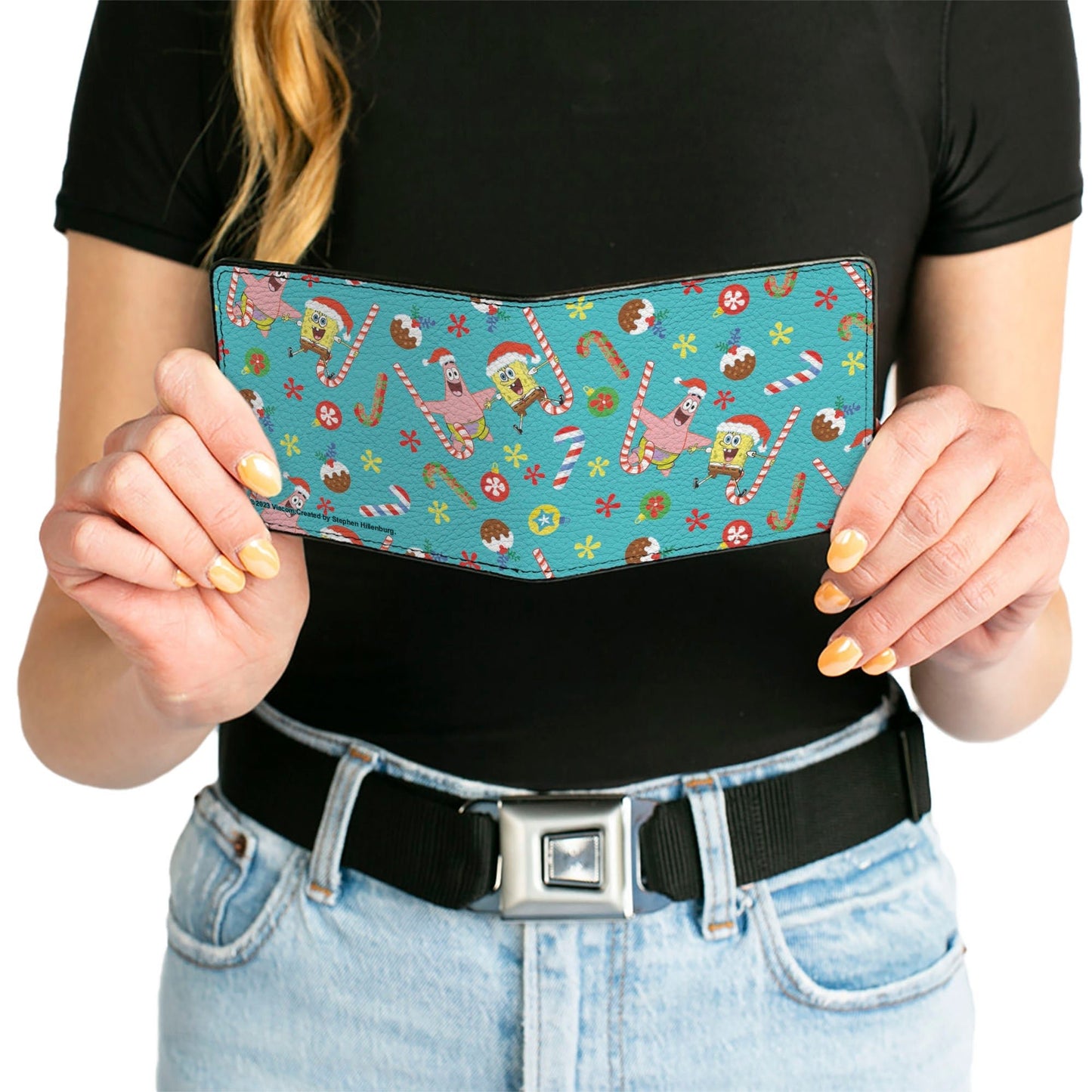 SpongeBob SquarePants Bi - Fold Wallet Holiday Treats Christmas Collage Men's Vegan Leather Turquoise - Paramount Shop