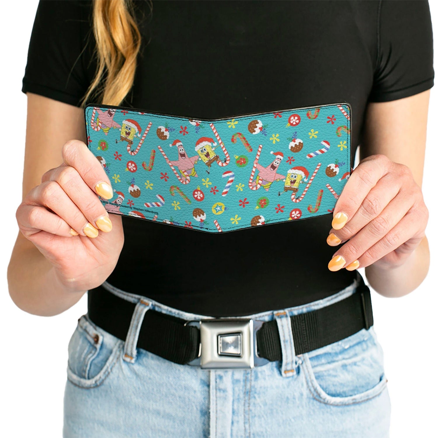 SpongeBob SquarePants Bi - Fold Wallet Holiday Treats Christmas Collage Men's Vegan Leather Turquoise - Paramount Shop