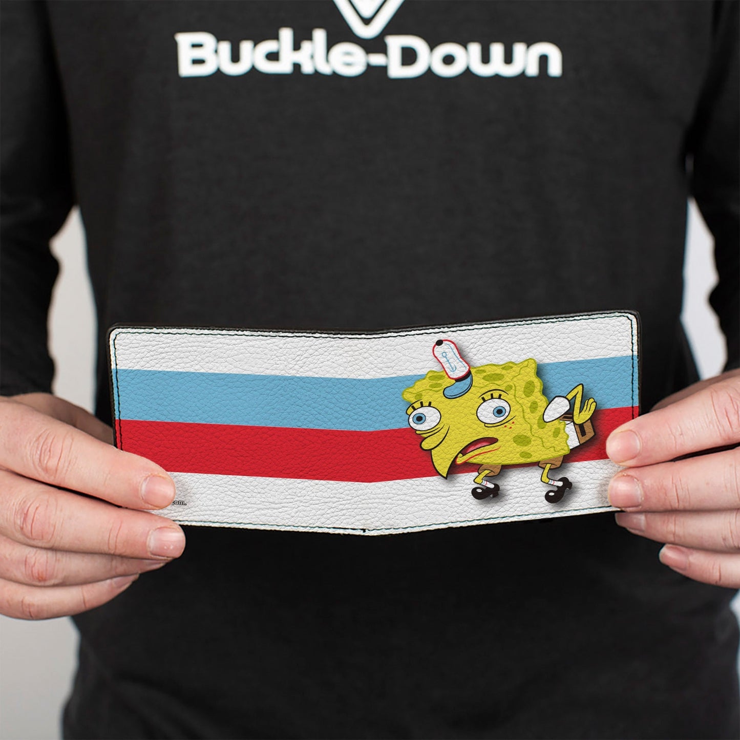 SpongeBob SquarePants Bi - Fold Wallet Mocking SpongeBob Pose Stripe Vegan Leather White Black Red Blue - Paramount Shop