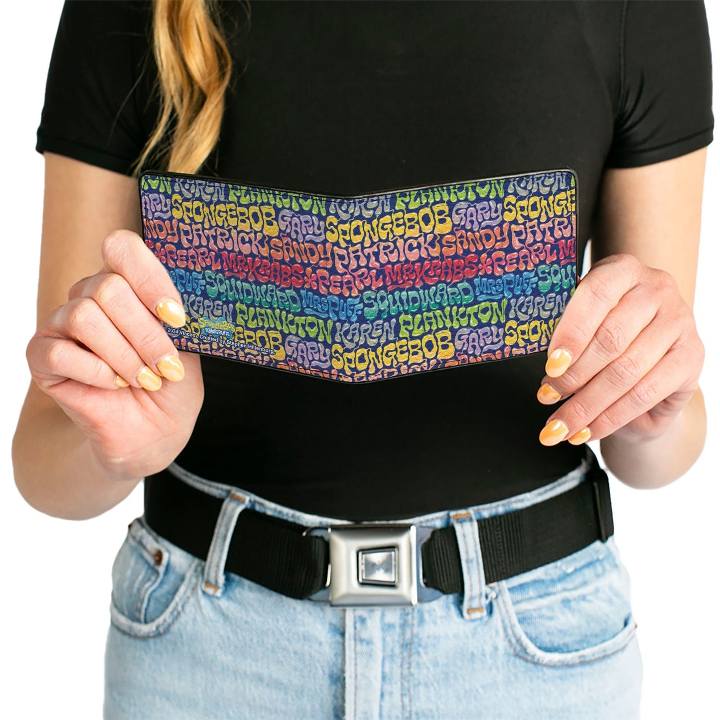 SpongeBob SquarePants Bi - Fold Wallet Names Collage Vegan Leather Blue Multi - Color - Paramount Shop