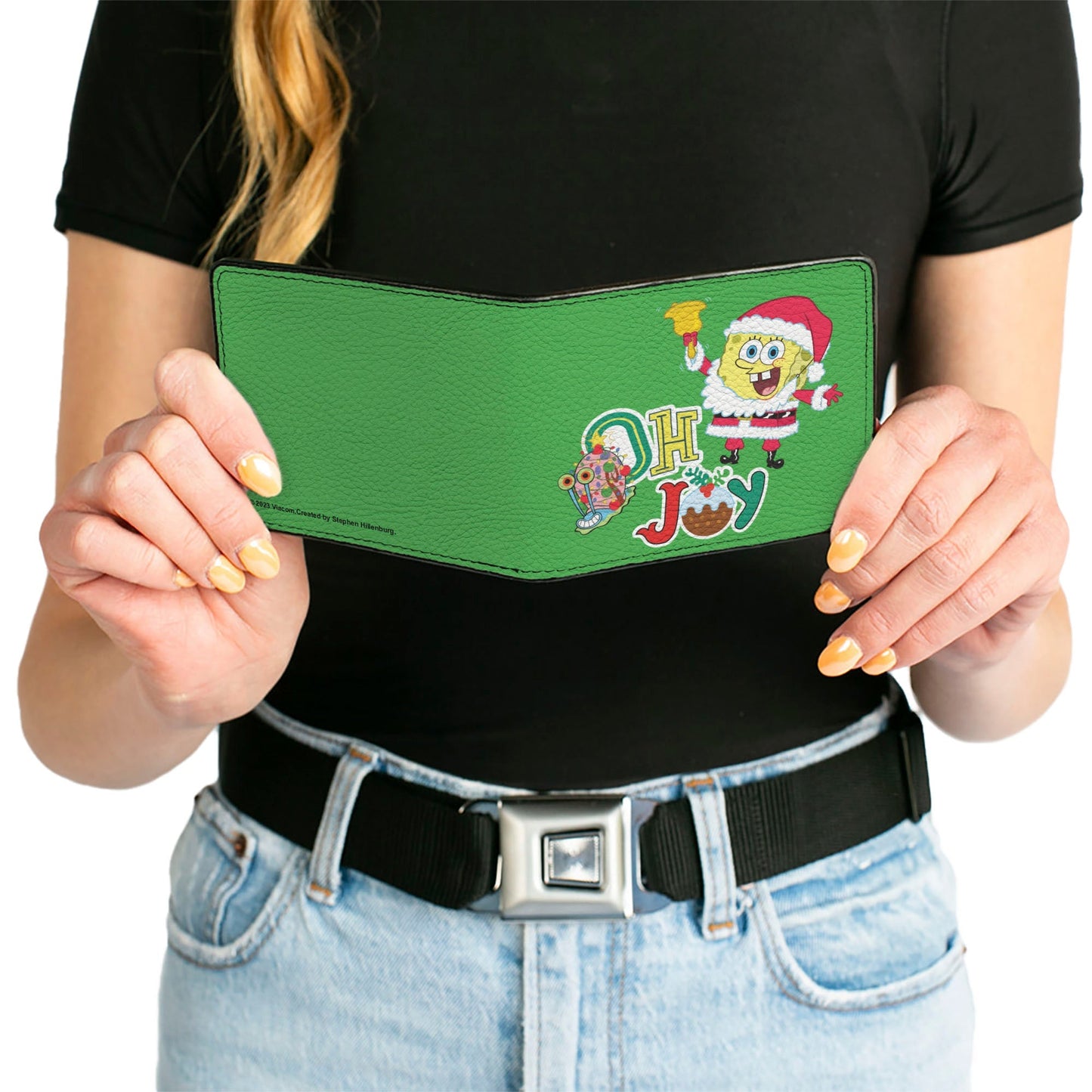 SpongeBob SquarePants Bi - Fold Wallet OH JOY Holiday Christmas Pose Men's Green Vegan Leather - Paramount Shop