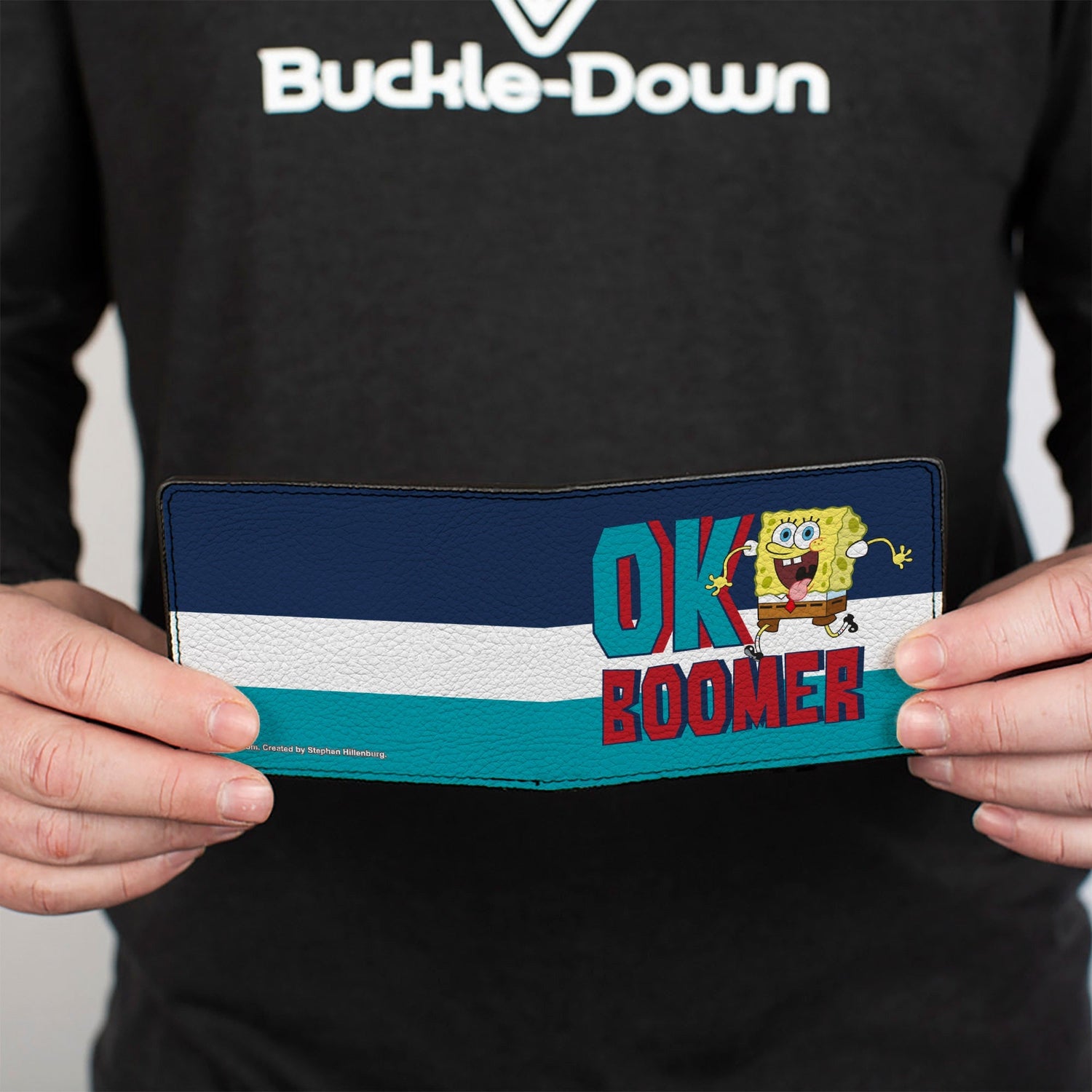 SpongeBob SquarePants Bi - Fold Wallet OK BOOMER Tongue Out Pose Stripe Blues White Vegan Leather - Paramount Shop