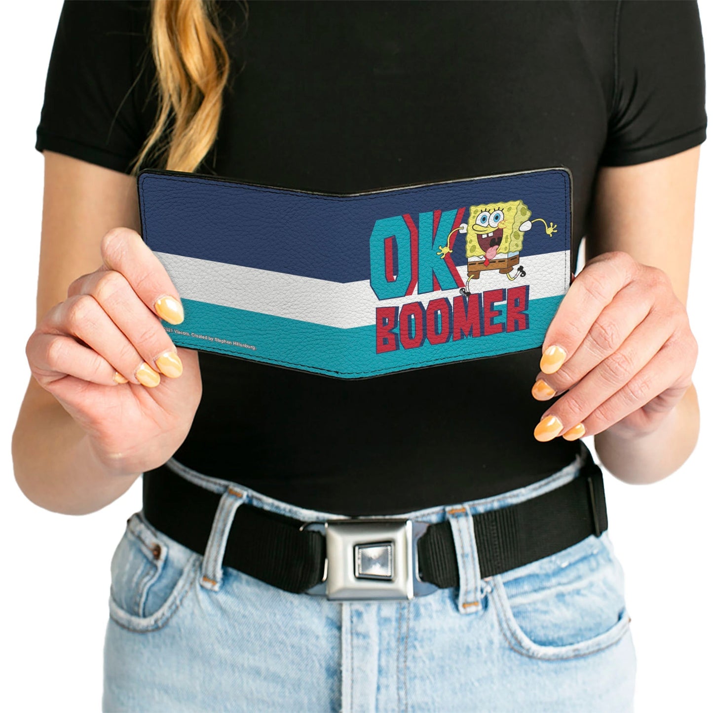 SpongeBob SquarePants Bi - Fold Wallet OK BOOMER Tongue Out Pose Stripe Blues White Vegan Leather - Paramount Shop