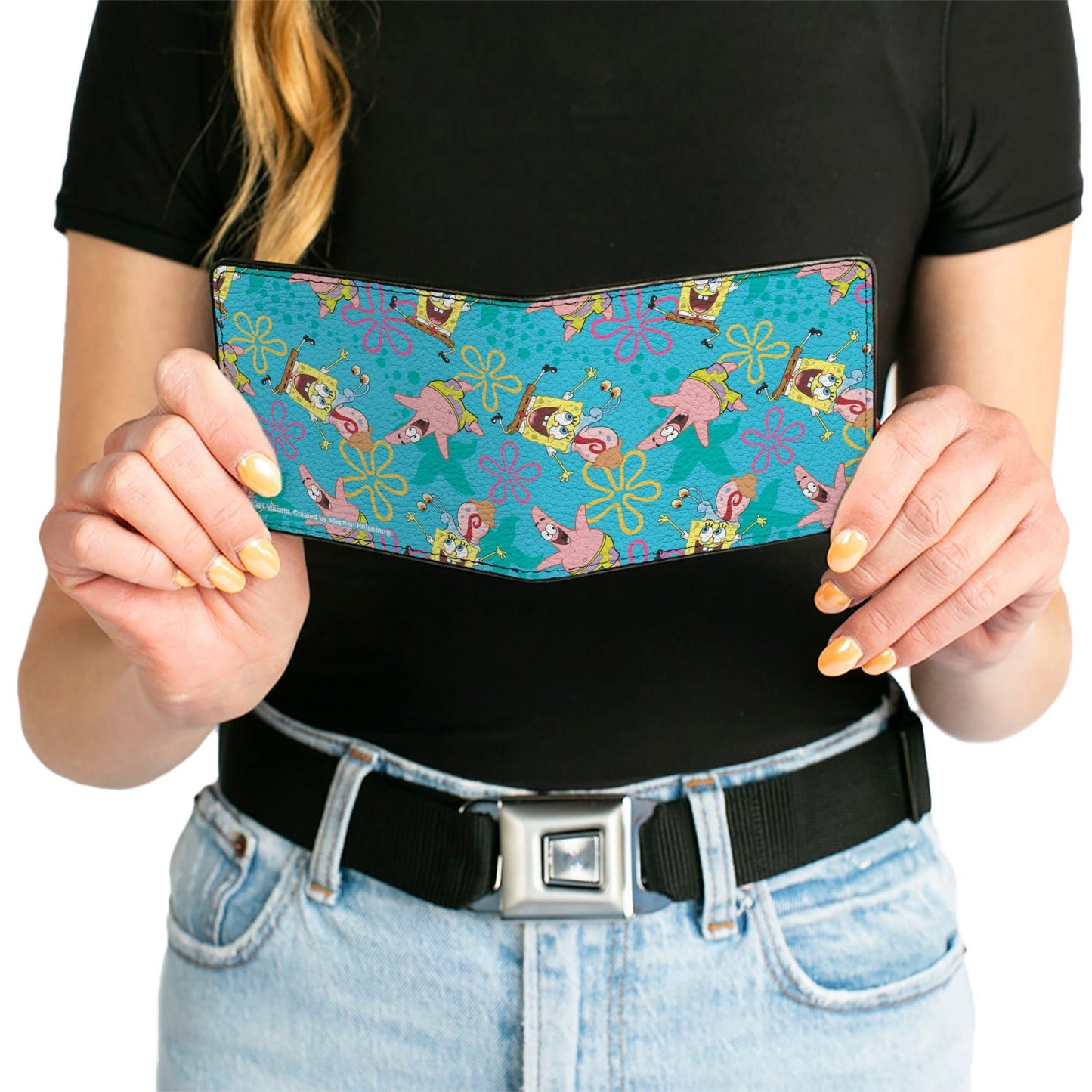 SpongeBob SquarePants Bi - Fold Wallet Patrick and Gary Joy Poses Flowers Scattered Blue Vegan Leather - Paramount Shop