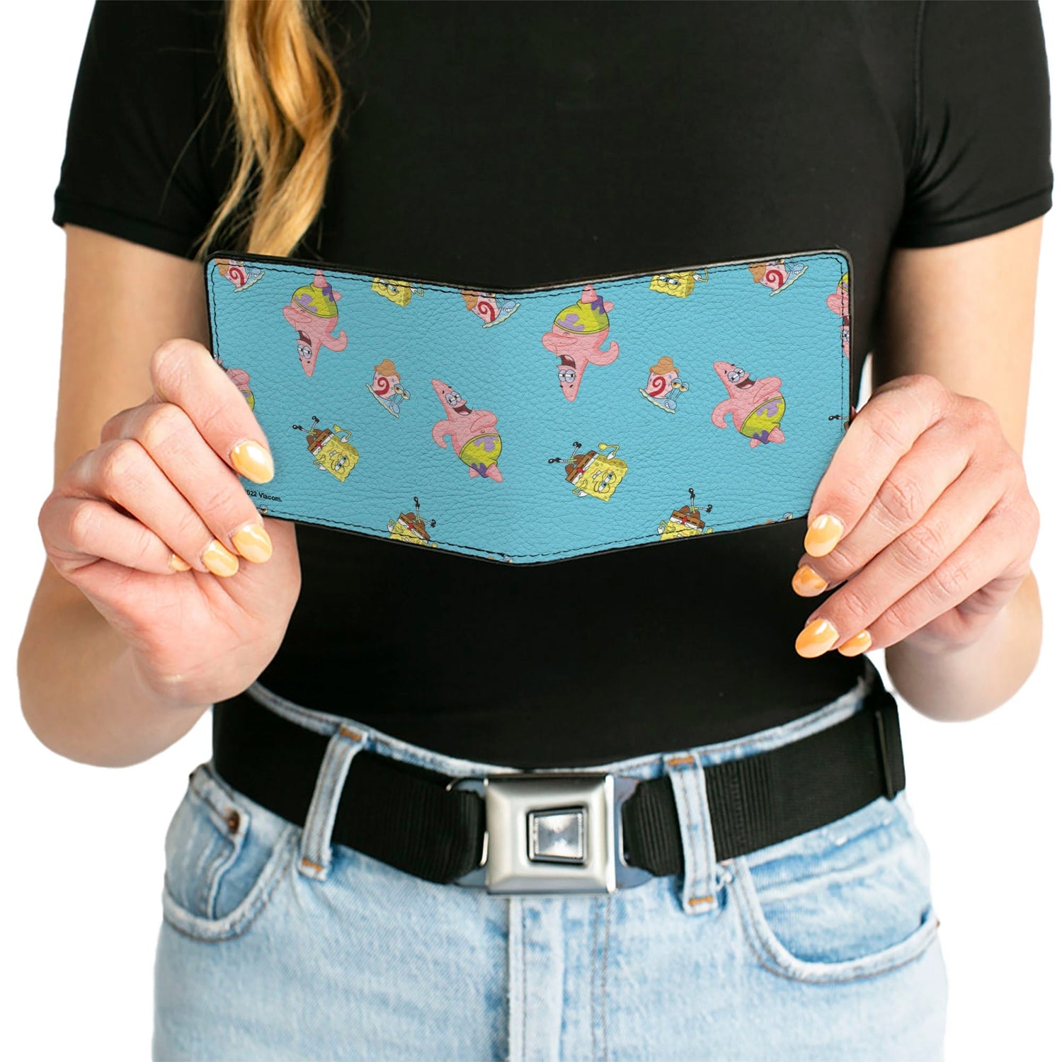 SpongeBob SquarePants Bi - Fold Wallet Patrick and Gary Poses Scattered Vegan Leather Bright Blue - Paramount Shop