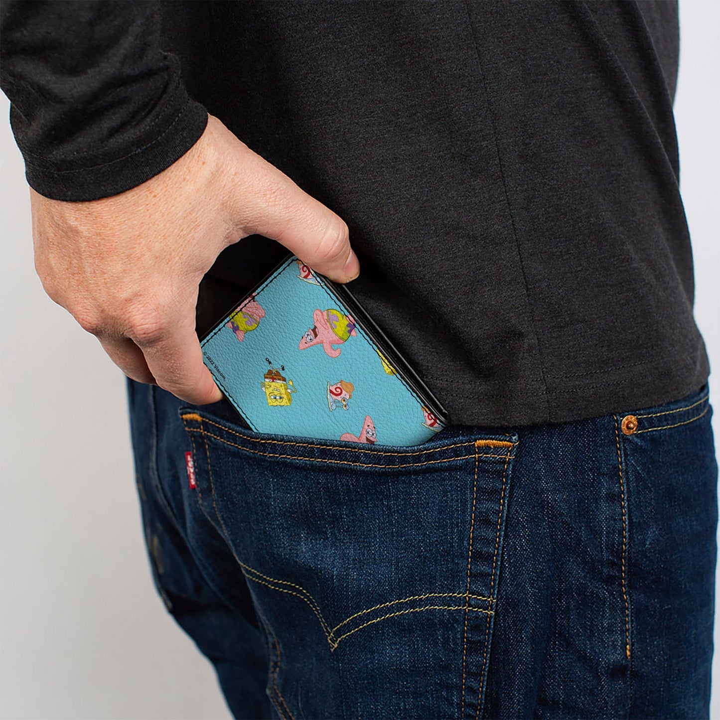 SpongeBob SquarePants Bi - Fold Wallet Patrick and Gary Poses Scattered Vegan Leather Bright Blue - Paramount Shop