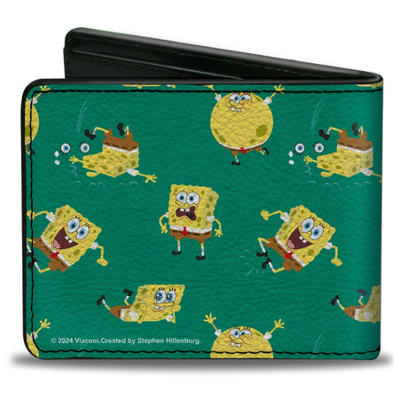 SpongeBob SquarePants Bi - Fold Wallet Poses Scattered Vegan Leather Green - Paramount Shop