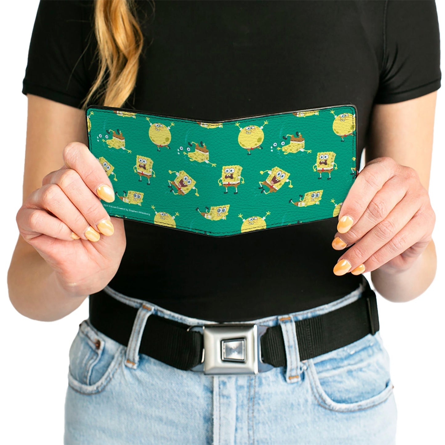 SpongeBob SquarePants Bi - Fold Wallet Poses Scattered Vegan Leather Green - Paramount Shop