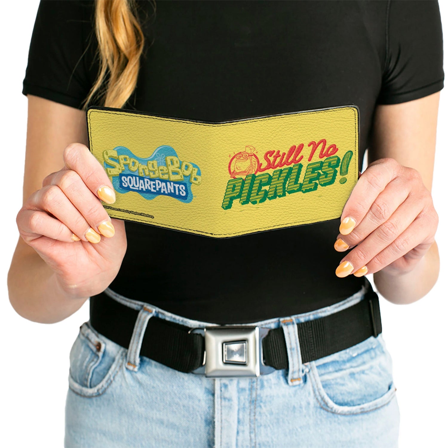 SpongeBob SquarePants Bi - Fold Wallet Still No Pickles Title Logo Vegan Leather Yellow/Multi Color - Paramount Shop