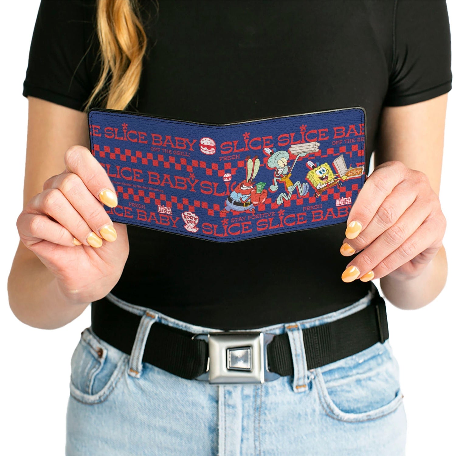 SpongeBob SquarePants Bi - Fold Wallet The Krusty Krab Crew SLICE SLICE BABY Pose Vegan Leather Blue/Red - Paramount Shop