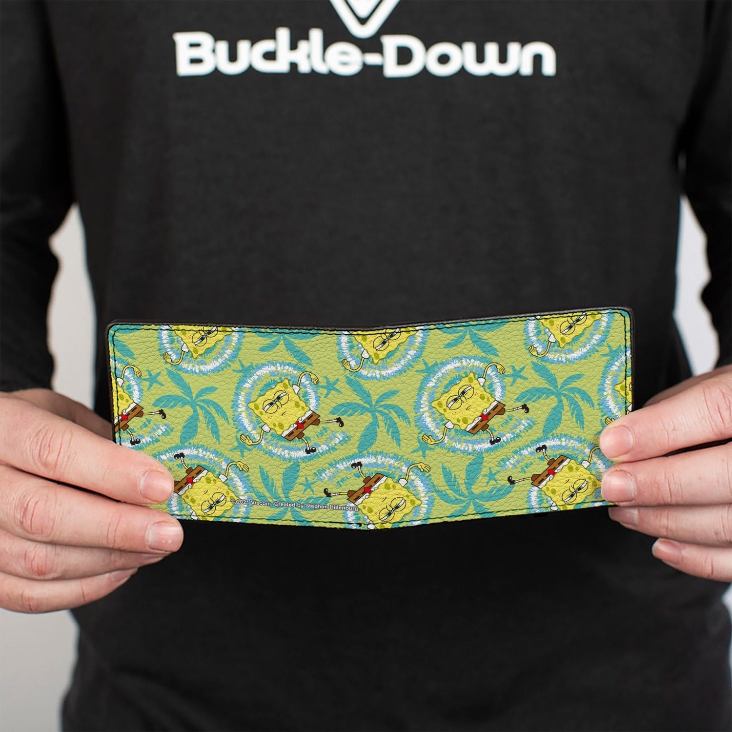 SpongeBob SquarePants Bi - Fold Wallet Wavy Noodle Arm Pose Tropical Tie Dye Green Blue White - Paramount Shop