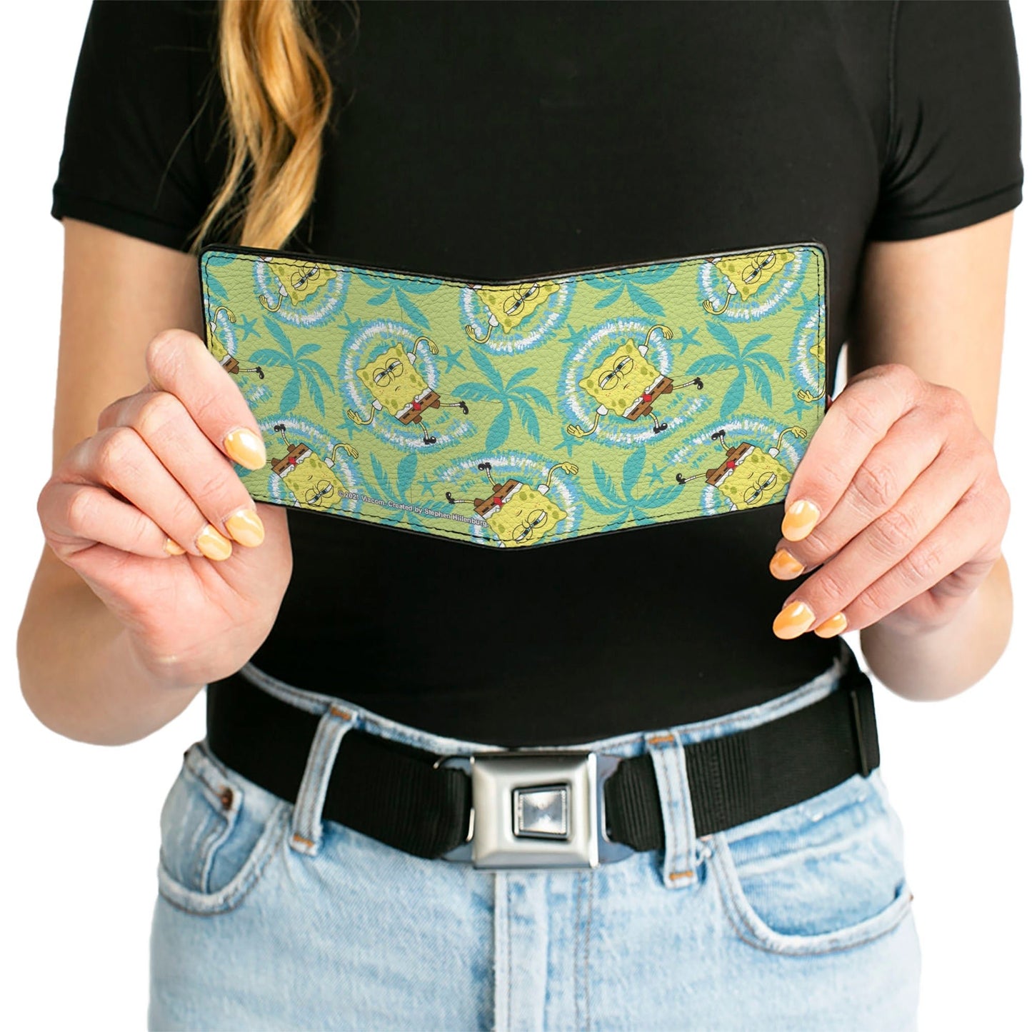 SpongeBob SquarePants Bi - Fold Wallet Wavy Noodle Arm Pose Tropical Tie Dye Green Blue White - Paramount Shop