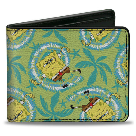 SpongeBob SquarePants Bi - Fold Wallet Wavy Noodle Arm Pose Tropical Tie Dye Green Blue White - Paramount Shop