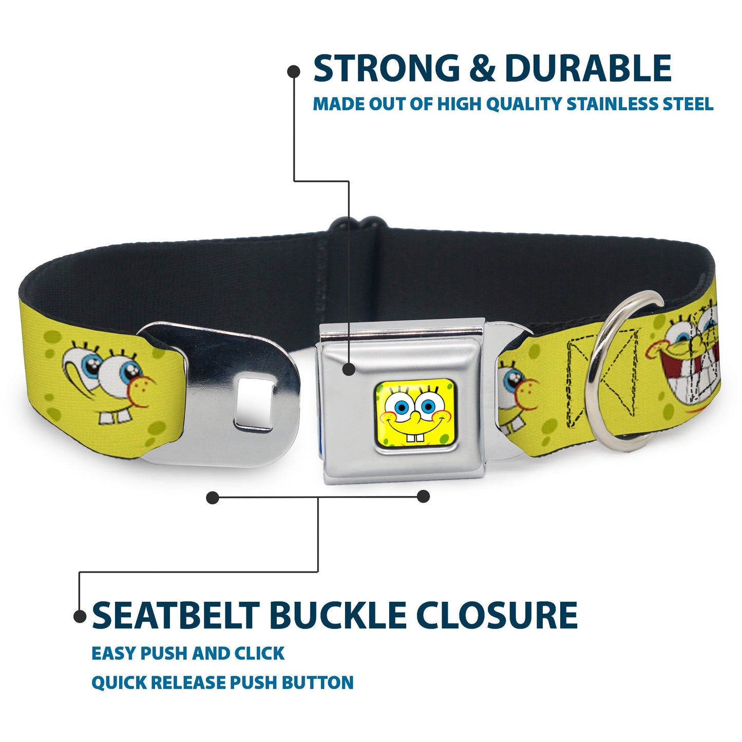 SpongeBob SquarePants Dog Collar Face Close - Up Seatbelt Buckle Yellow - Paramount Shop