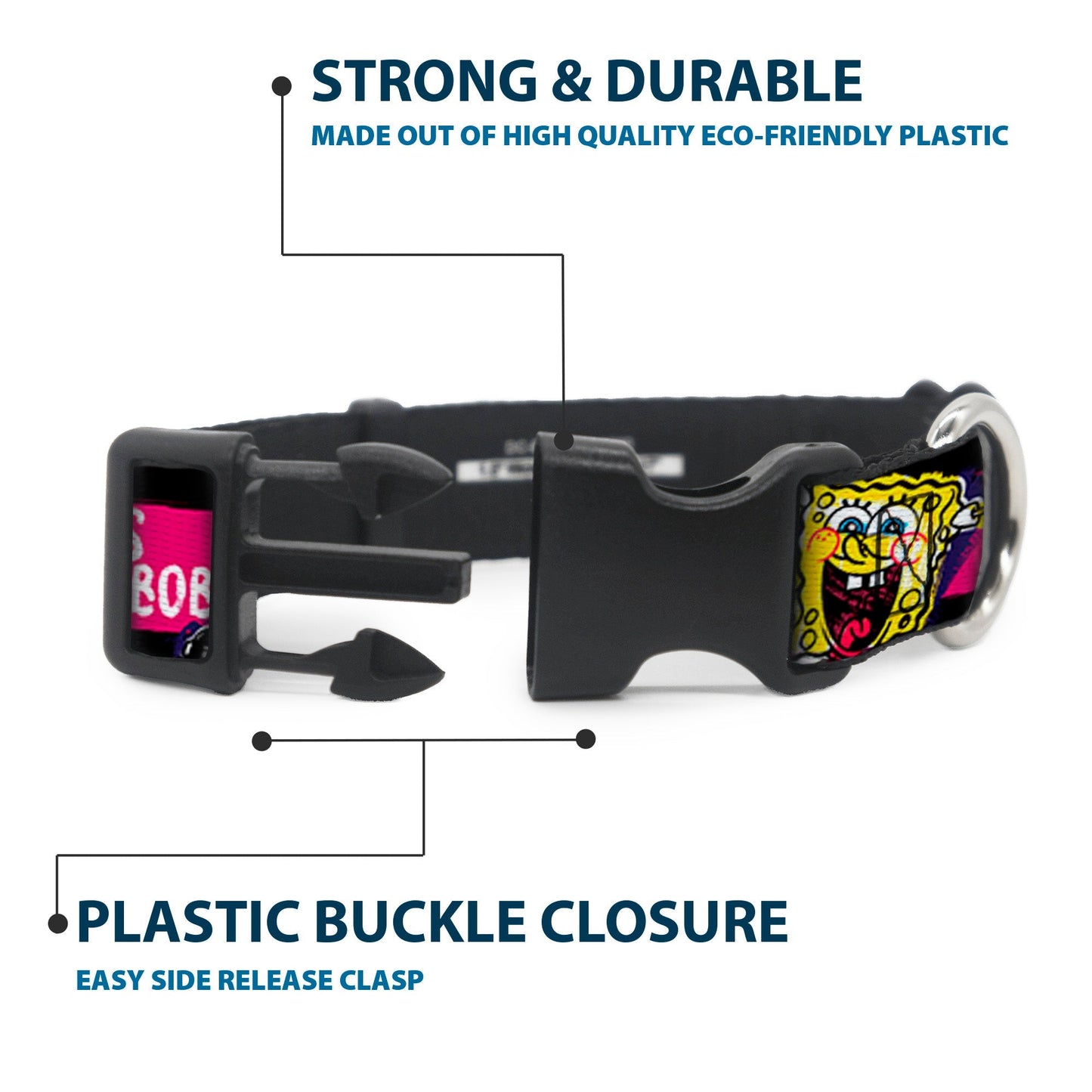 SpongeBob SquarePants Dog Collar Pose Stripe Plastic Clip Black/Pink/Blue/White Adjustable - Paramount Shop