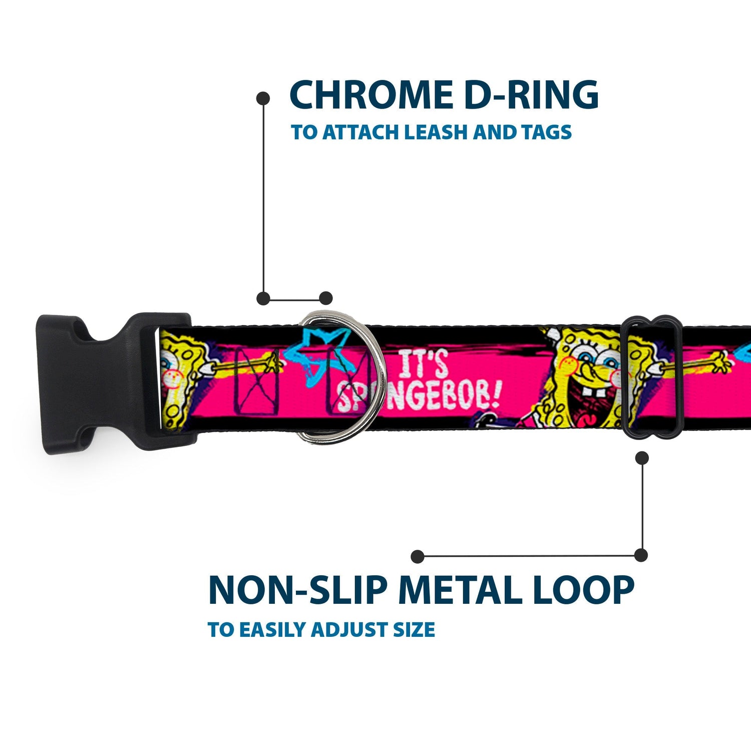 SpongeBob SquarePants Dog Collar Pose Stripe Plastic Clip Black/Pink/Blue/White Adjustable - Paramount Shop