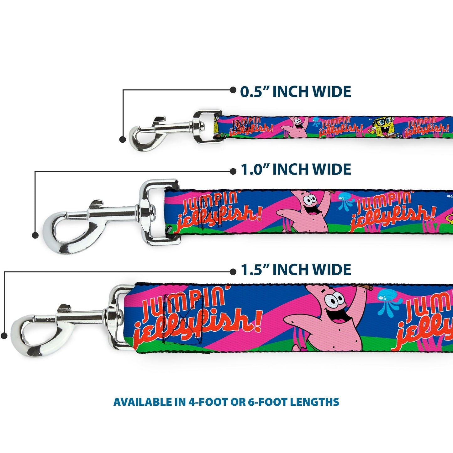 SpongeBob SquarePants Dog Leash Nerd SpongeBob & Patrick Starfish Running JUMPIN' JELLYFISH! Durable High - Density Polyester Multi Color/Red Various Sizes - Paramount Shop