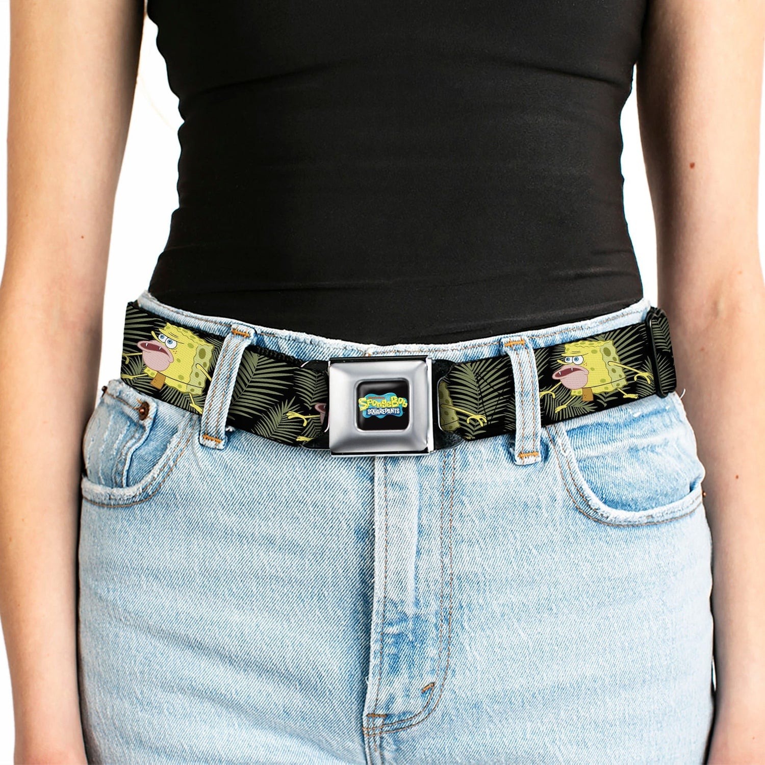 SpongeBob SquarePants Logo Seatbelt Belt Primitive Sponge Pose Black Green - Paramount Shop