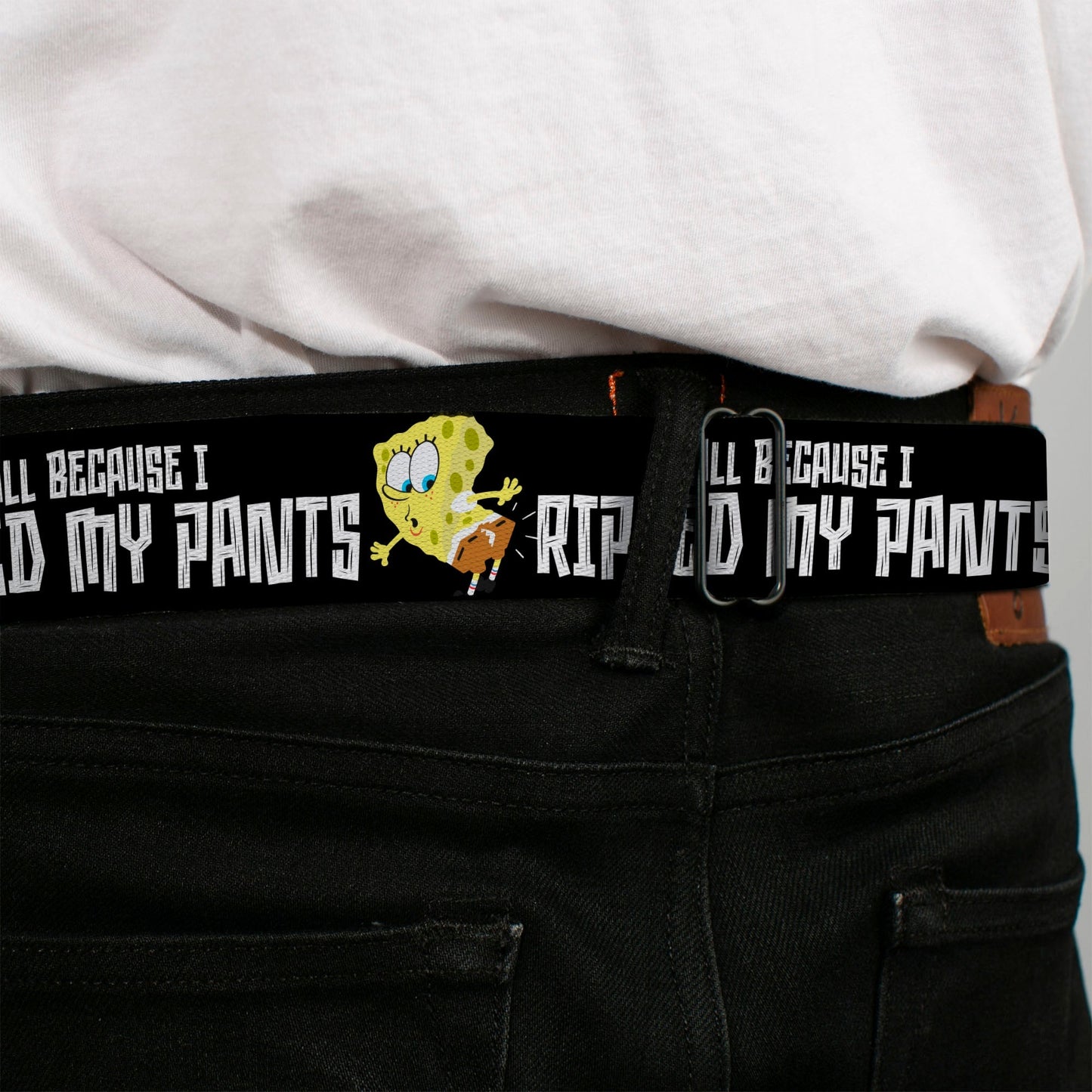 SpongeBob SquarePants Seatbelt Belt All Because I Ripped My Pants Pose Adjustable Black - Paramount Shop