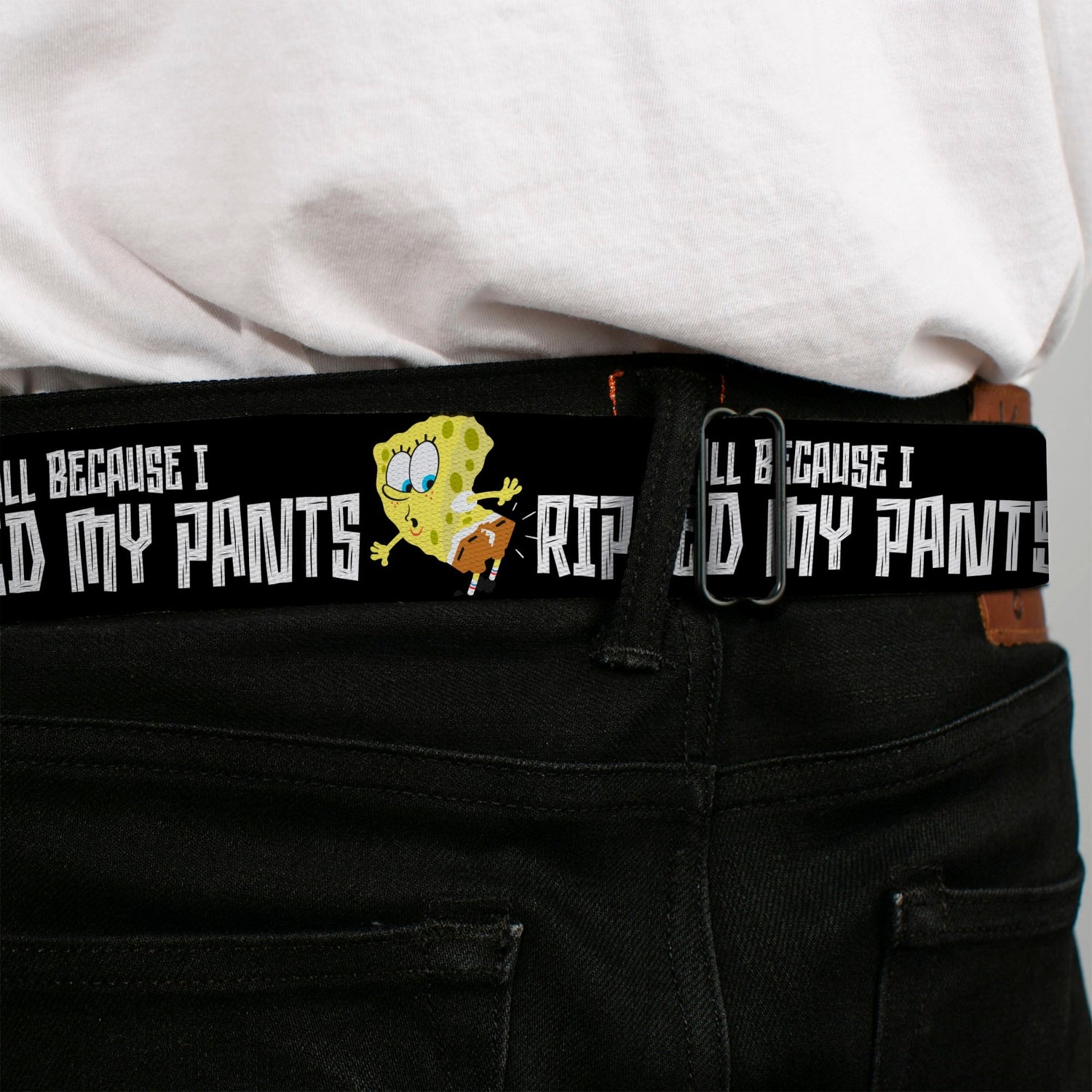 SpongeBob SquarePants Seatbelt Belt All Because I Ripped My Pants Pose Adjustable Black - Paramount Shop
