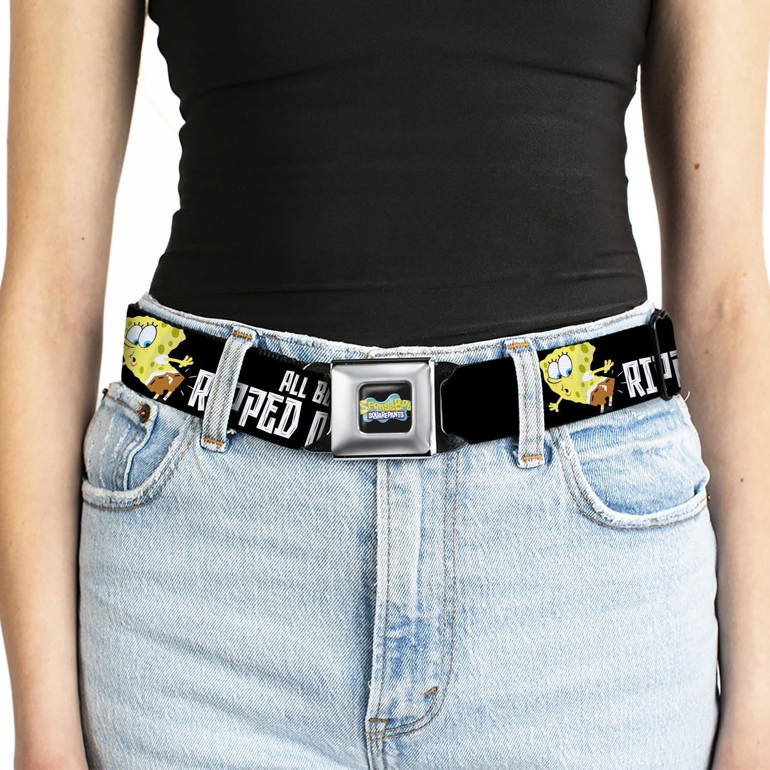 SpongeBob SquarePants Seatbelt Belt All Because I Ripped My Pants Pose Adjustable Black - Paramount Shop