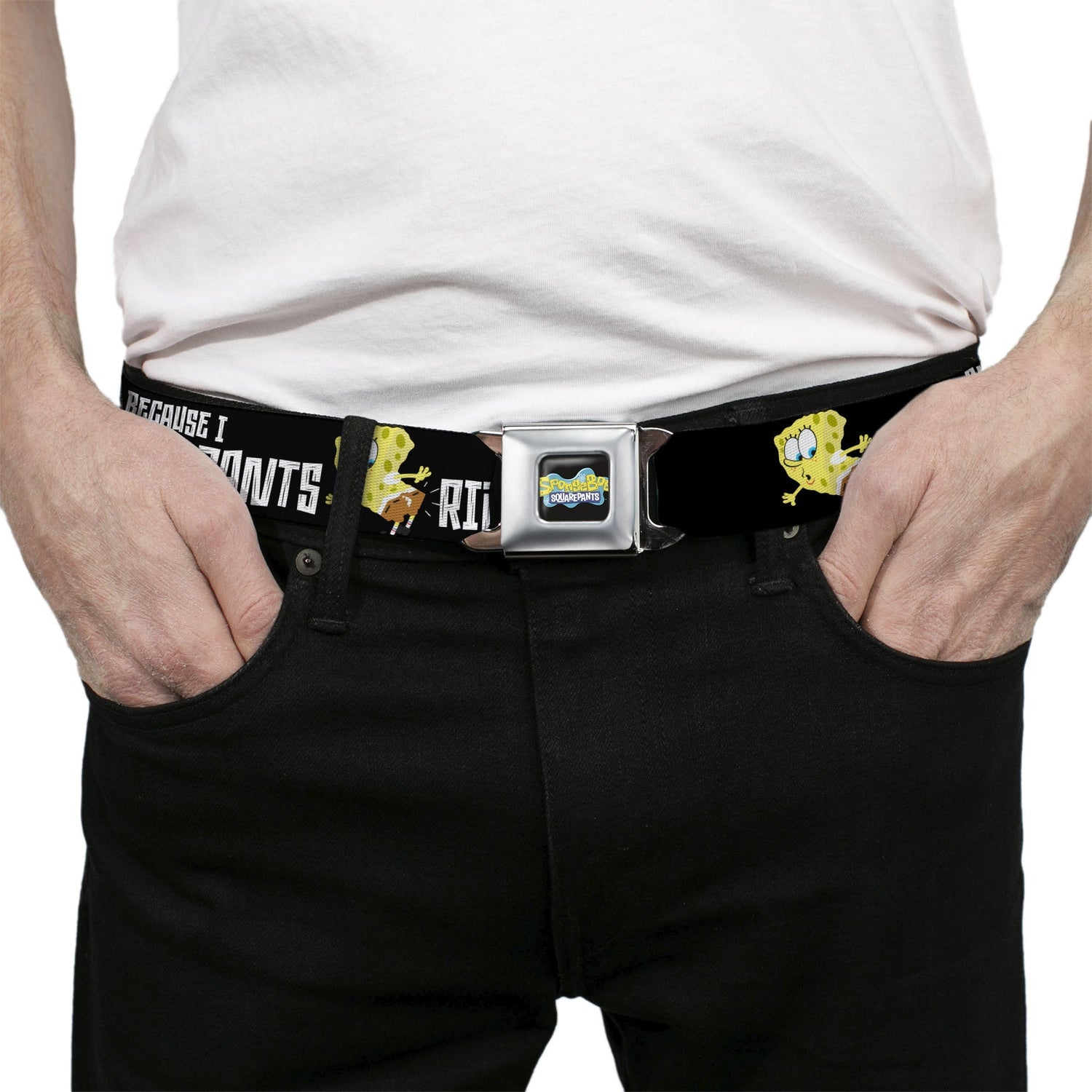 SpongeBob SquarePants Seatbelt Belt All Because I Ripped My Pants Pose Adjustable Black - Paramount Shop